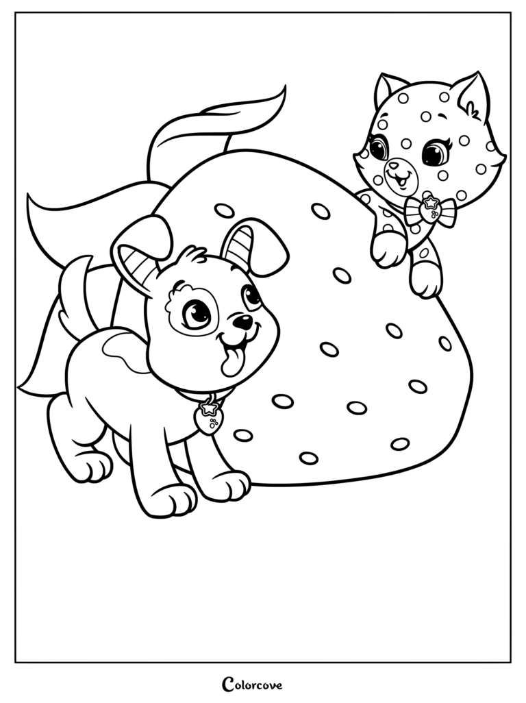 Dibujo para colorear e imprimir con el perro Pastelito y la gata Mostaza junto a una fresa gigante, personajes de la franquicia de Rosita Fresita.