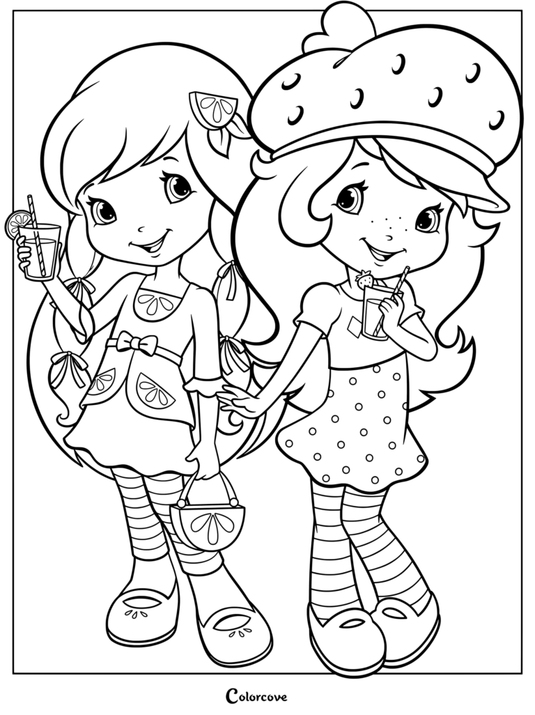 Dibujo para colorear e imprimir de Rosita Fresita a la derecha y Limoncito a la izquierda de Rosita Fresita: Aventuras en Tutti Frutti sosteniendo bebidas.