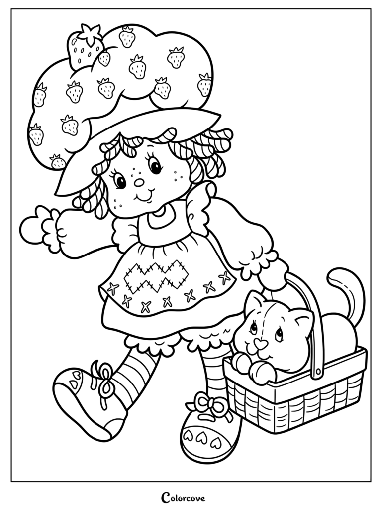 Dibujo para colorear e imprimir de Rosita Fresita en su diseño clásico de los años 80, llevando una cesta junto a su gata.