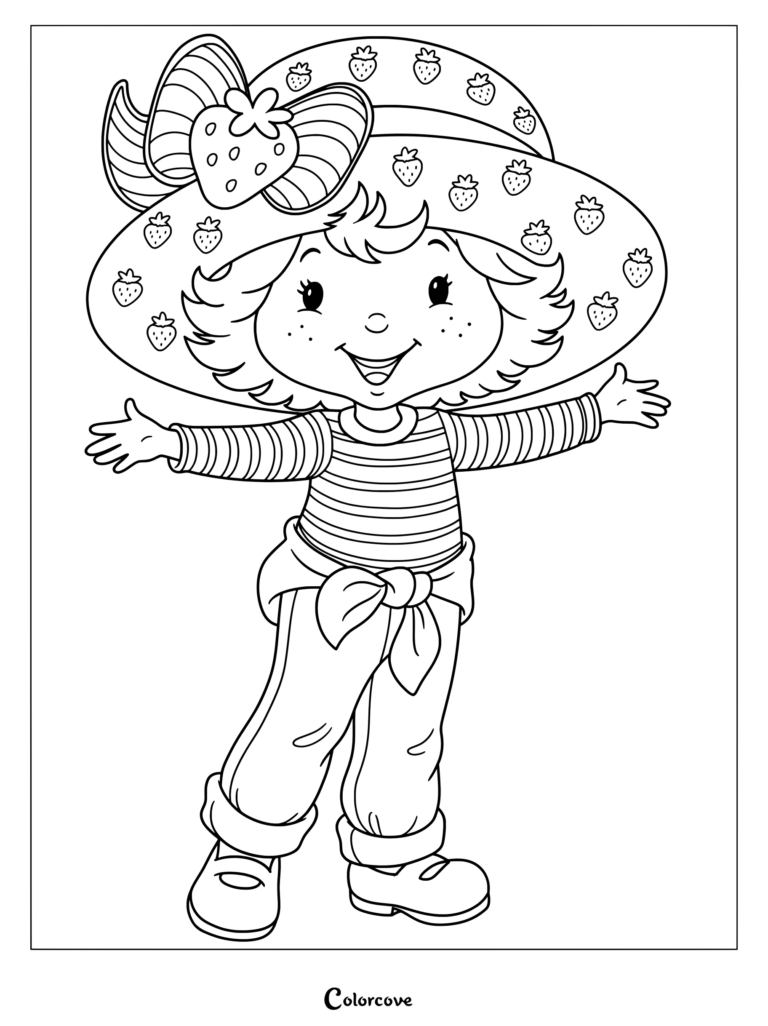 Dibujo para colorear de Rosita Fresita de la serie animada de 2003 con un sombrero de fresa de ala ancha y camiseta a rayas con los brazos abiertos.