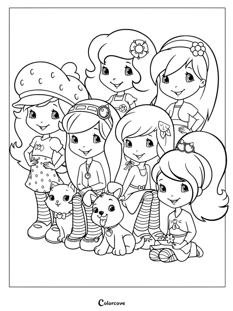 Dibujo para colorear de Rosita Fresita, Naranjita, Morita, Limoncito, Frambuesita y Ciruelita de Rosita Fresita: Aventuras en Tutti Frutti posando con sus adorables mascotas.