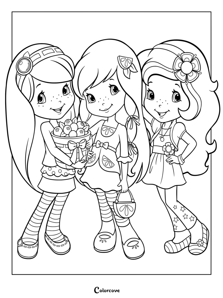 Dibujo para colorear e imprimir con Morita sosteniendo una cesta de bayas a la izquierda, Limoncito en el centro con un bolsito y Naranjita a la derecha, de Rosita Fresita: Aventuras en Tutti Frutti.
