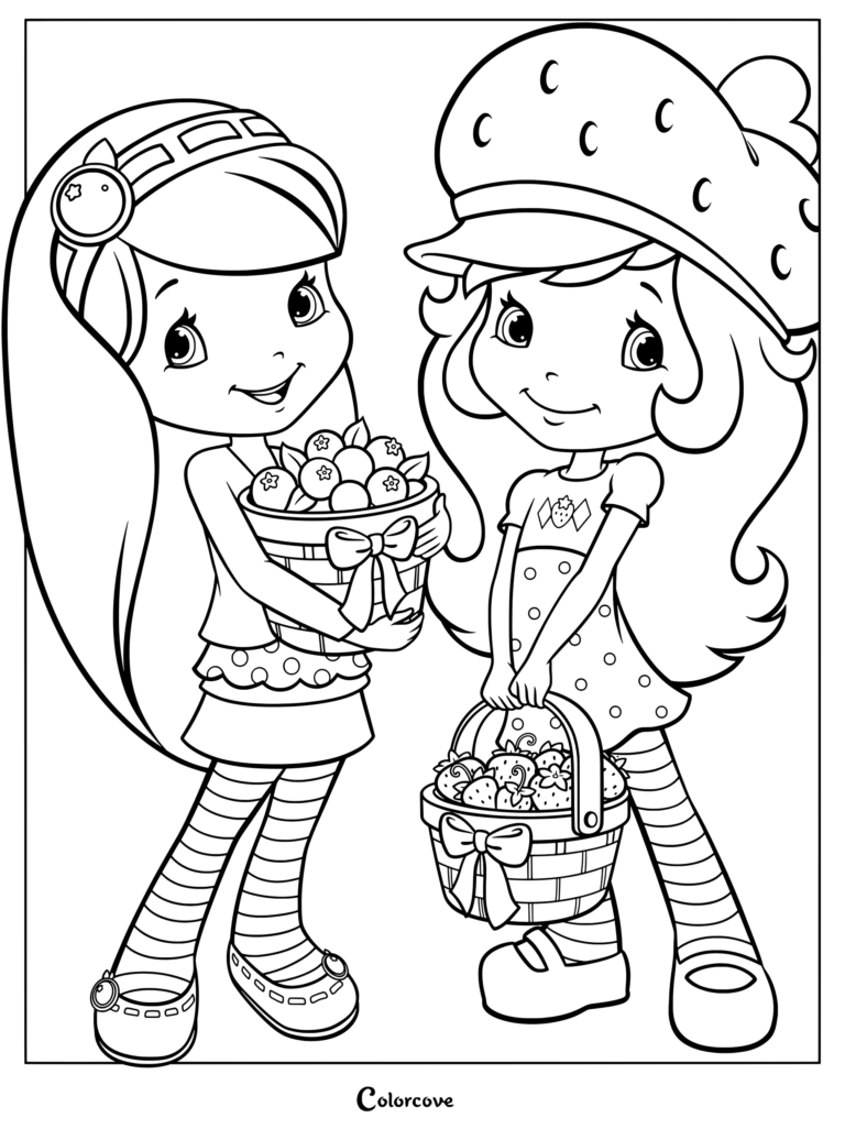 Dibujo para colorear e imprimir con Morita a la izquierda y Rosita Fresita a la derecha, de la franquicia animada Rosita Fresita al estilo de Rosita Fresita: Aventuras en Tutti Frutti, sosteniendo cestas de fruta fresca.