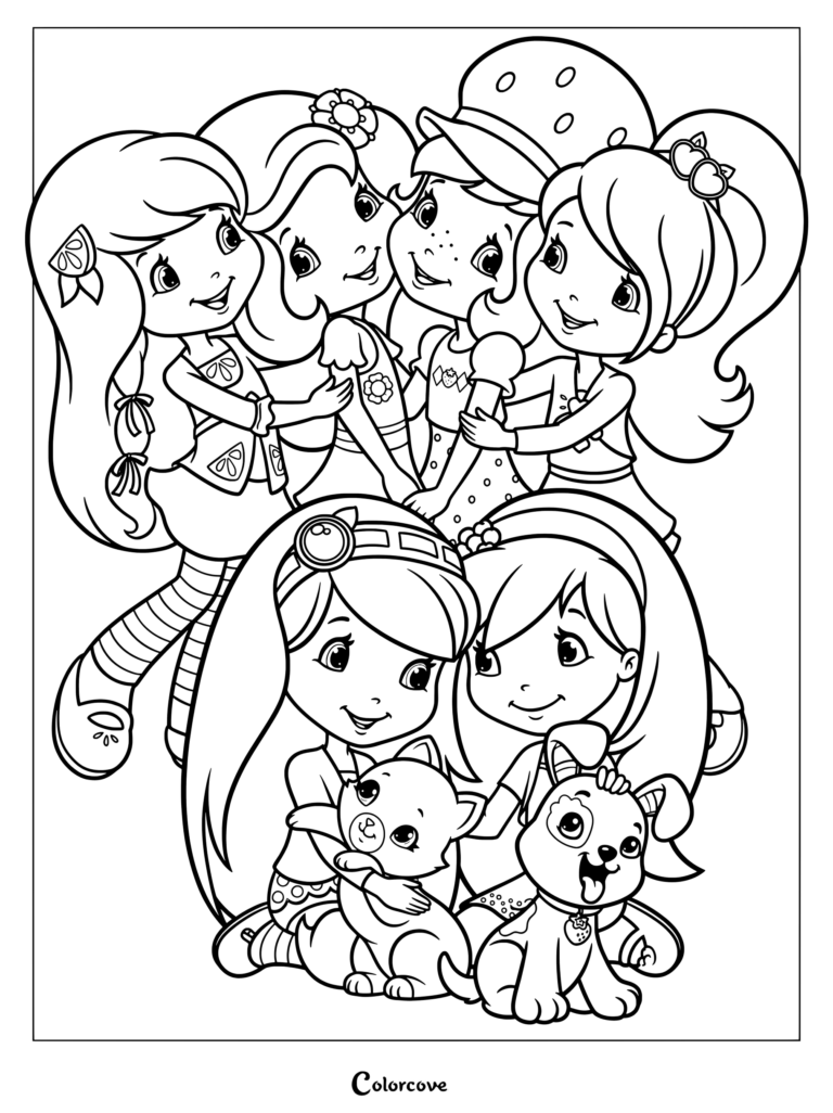 Dibujo para colorear gratis de Rosita Fresita junto a Ciruelita, Frambuesita, Naranjita, Limoncito y Morita con sus mascotas.
