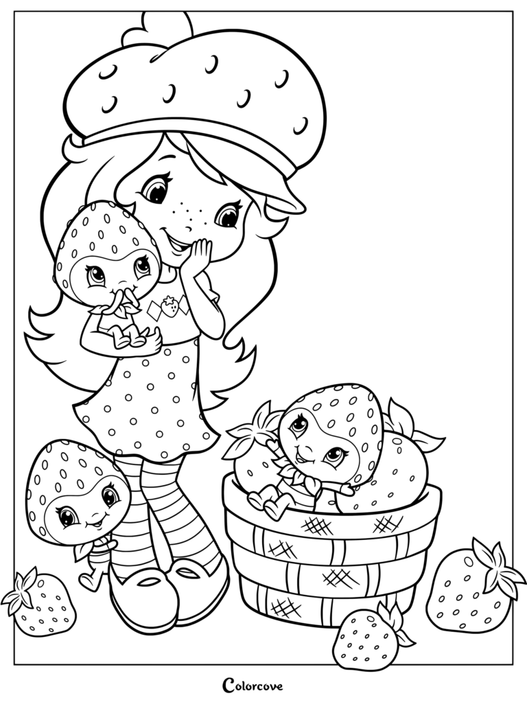Dibujo para colorear de Rosita Fresita de la serie animada de 2009 Rosita Fresita: Aventuras en Tutti Frutti interactuando con pequeños Baya-duendes