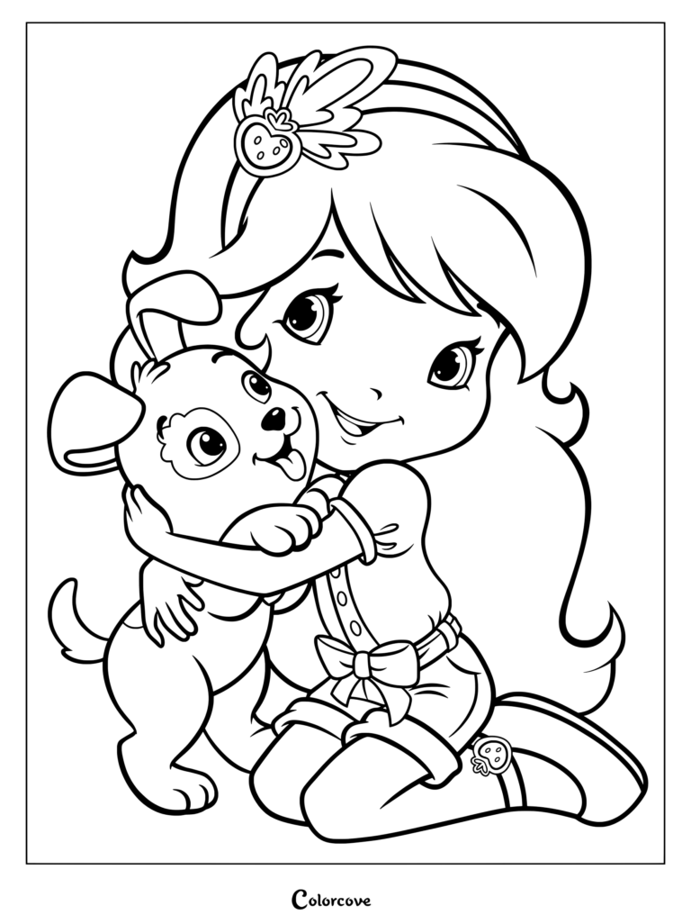 Dibujo para colorear de Rosita Fresita de la serie Rosita Fresita: Aventuras en Tutti Frutti abrazando a su perrito Pastelito