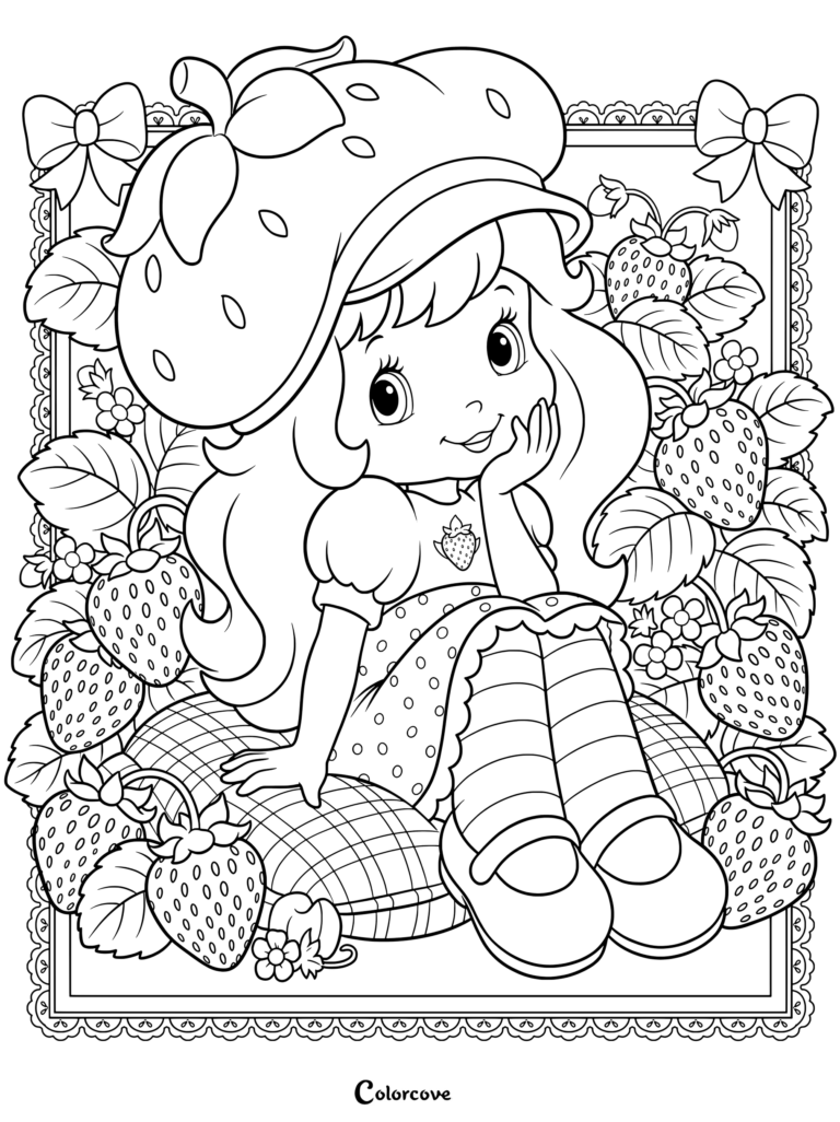 Dibujo para colorear e imprimir gratis de la versión de 2003 de la serie animada de Rosita Fresita sentada sobre una fresa gigante y rodeada de fresas y flores.