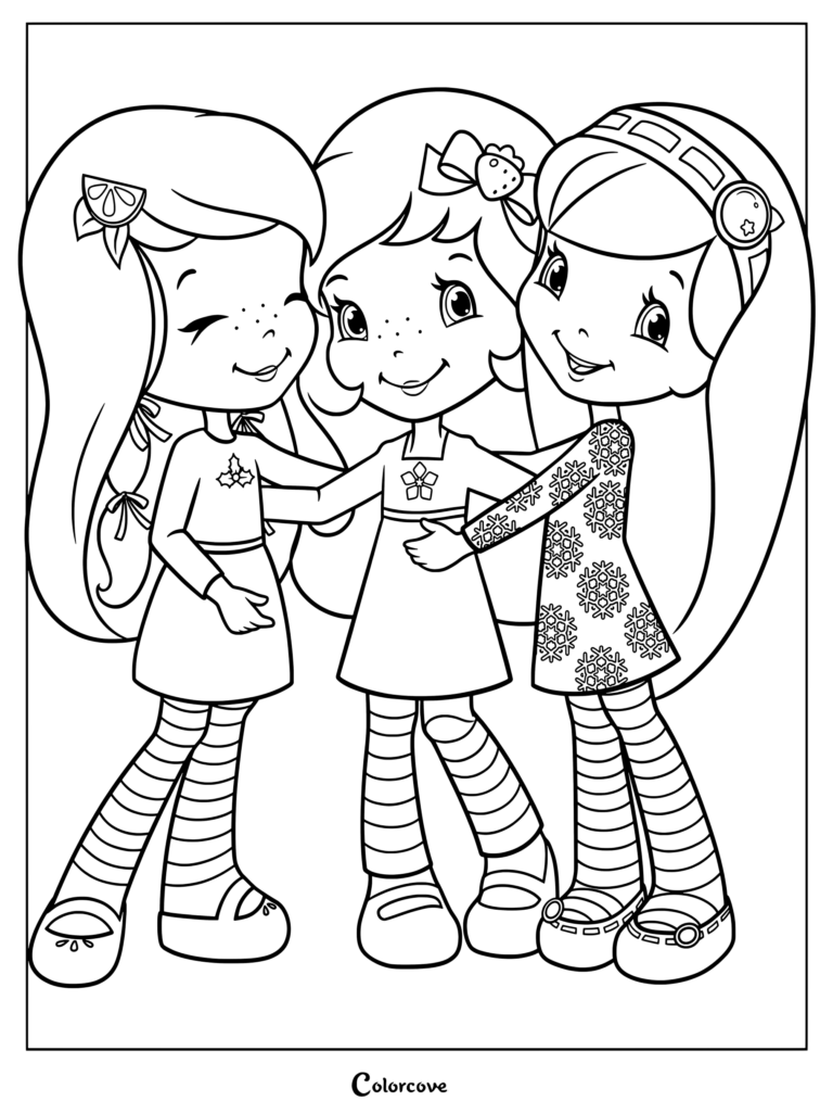 Limoncito, Rosita Fresita y Morita abrazándose en este dibujo para colorear e imprimir de Rosita Fresita
