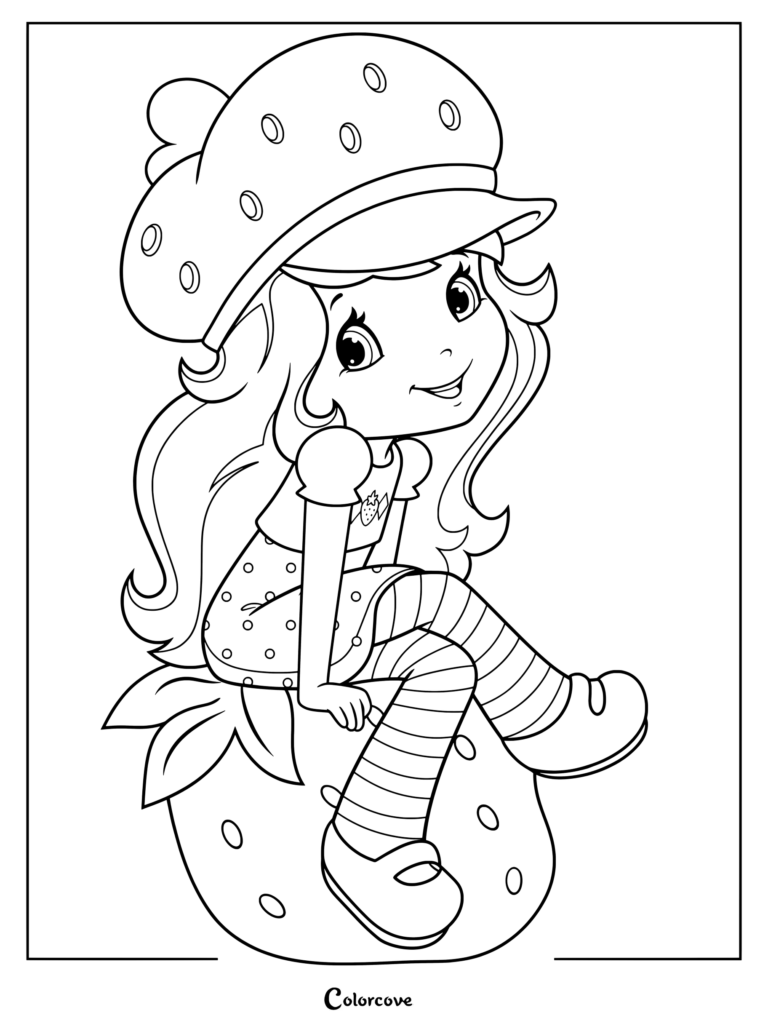Dibujo para colorear e imprimir de Rosita Fresita de la serie animada de 2009 sentada sobre una fresa gigante.