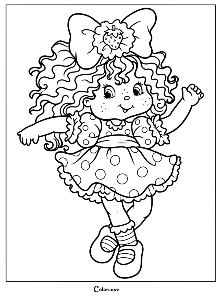 Dibujo para colorear del diseño de 1991 de Rosita Fresita mostrando al personaje con cabello rizado, un gran lazo con un emblema de fresa y un vestido de lunares.