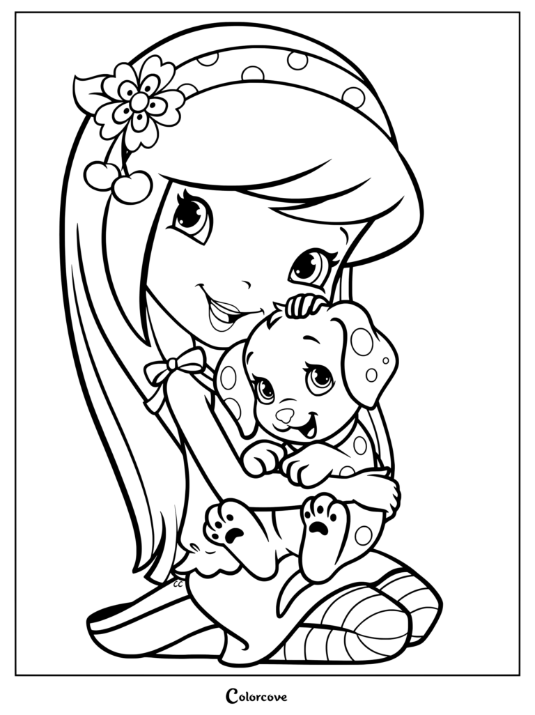 Dibujo para colorear de Cerecita abrazando a su perrito Cinnapup de la serie Rosita Fresita: Aventuras en Tutti Frutti.