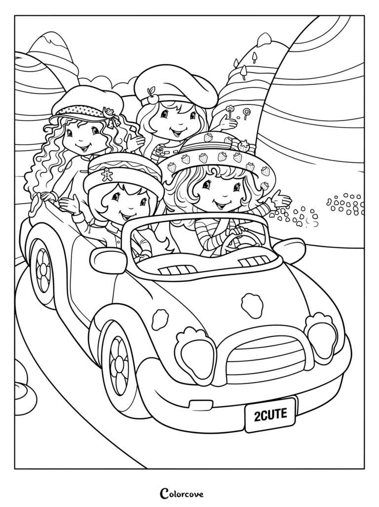 Dibujo para colorear de los personajes de la serie animada de 2003 de Rosita Fresita paseando en un auto convertible rosa