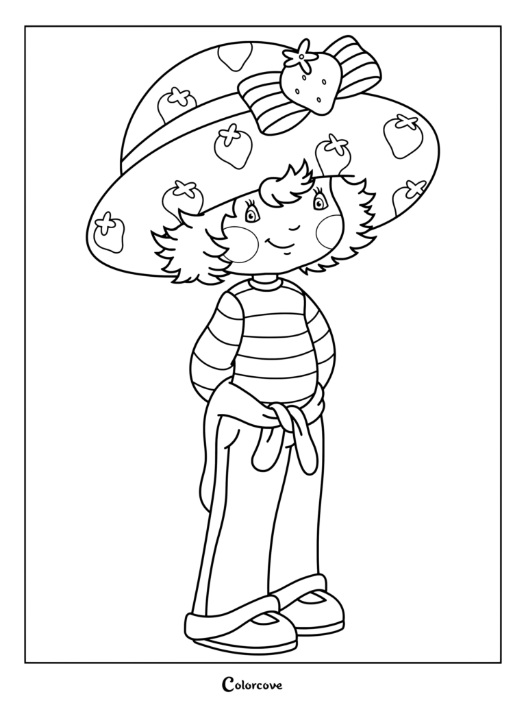 Dibujo para colorear e imprimir de Rosita Fresita en su diseño de 2003, con una gran pamela estampada con fresas y camiseta a rayas.