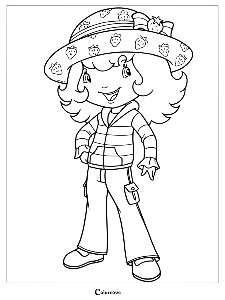 Dibujo para colorear de Rosita Fresita con su diseño de 2007 vistiendo un gorro con estampado de fresas, sudadera con capucha a rayas y pantalones cargo