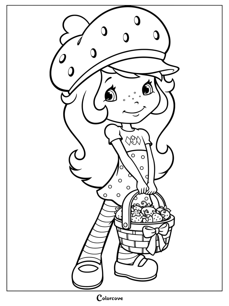 Dibujo para colorear del diseño de 2009 de Rosita Fresita sosteniendo una cesta de fresas.