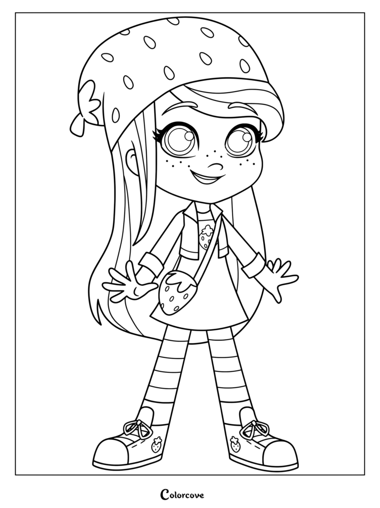 Dibujo para colorear e imprimir de Rosita Fresita luciendo su conjunto del diseño de 2021 con mallas a rayas y un bolso con forma de fresa.