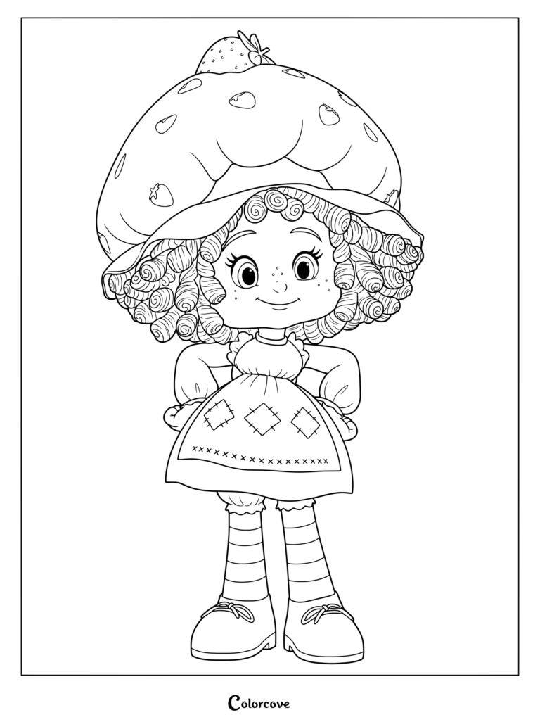 Dibujo para colorear de Rosita Fresita luciendo su emblemático gorro de fresa, medias a rayas y delantal con parches.