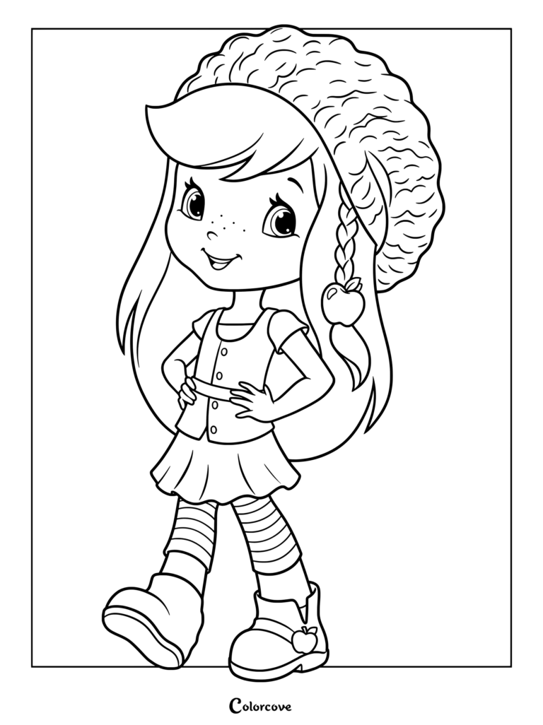 Dibujo para colorear de Manzanita, personaje de Rosita Fresita: Aventuras en Tutti Frutti, con una boina adornada con una manzana.