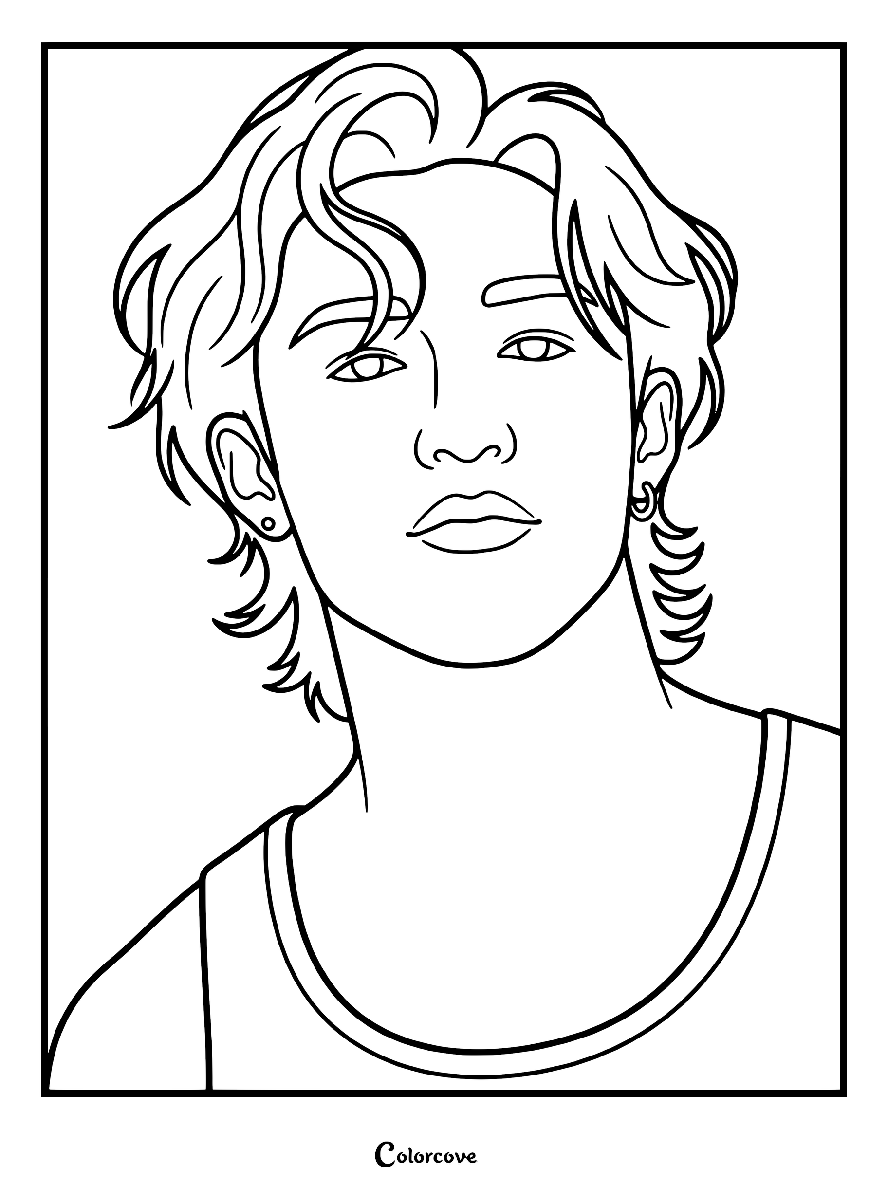 Página para colorear e imprimir de Bang Chan de Stray Kids con pelo ondulado y pendientes.