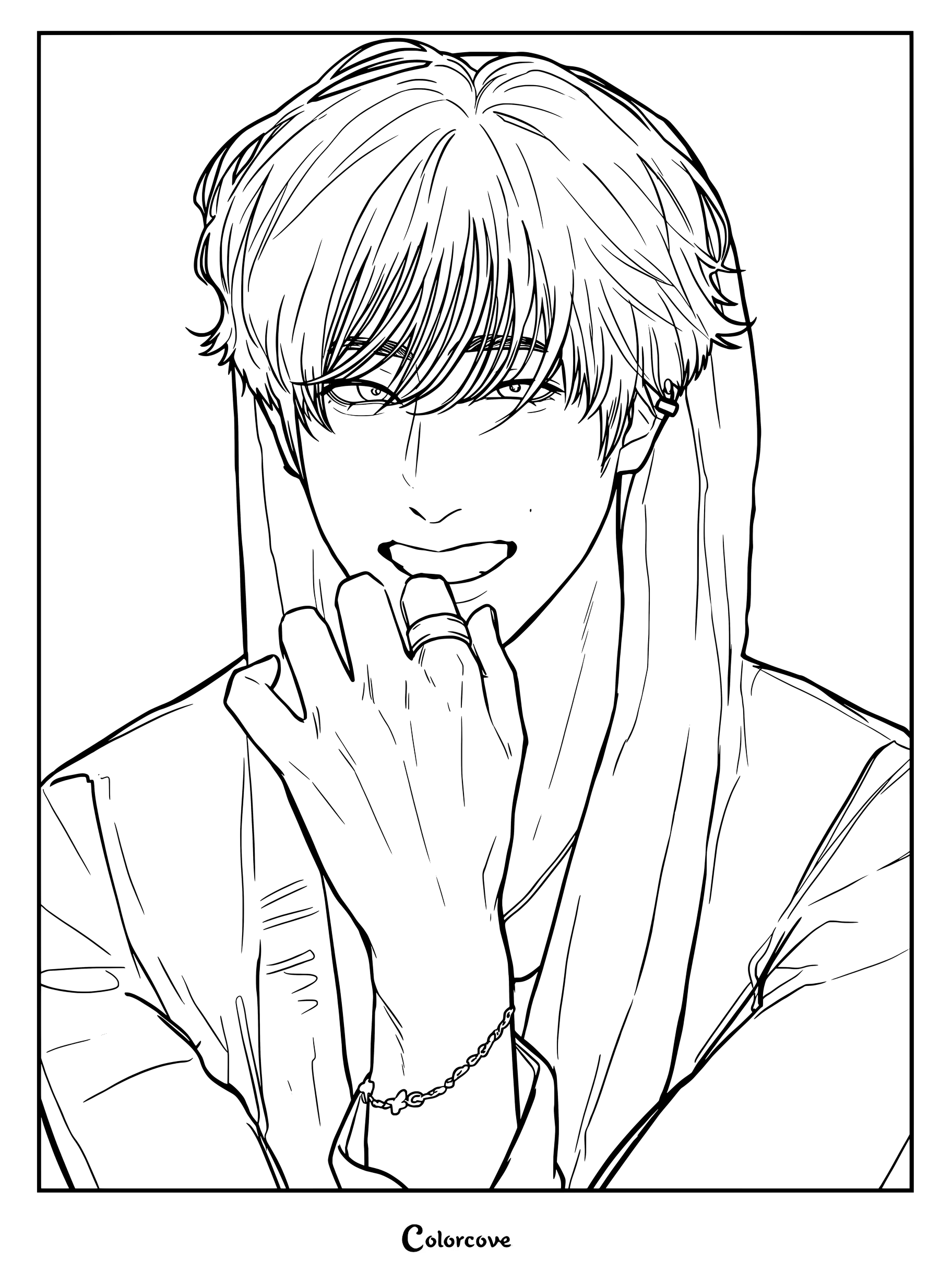 Página para colorear e imprimir de Han Jisung de Stray Kids usando una prenda con capucha y un anillo.