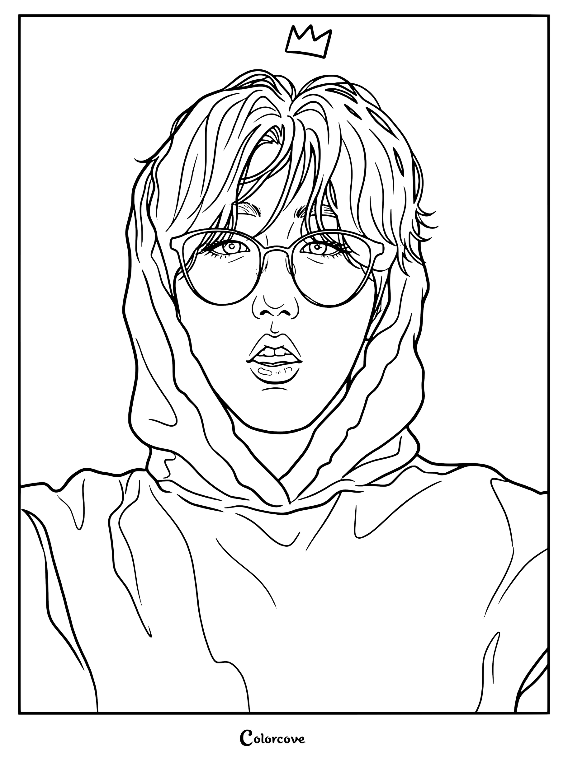 Página para colorear gratis de Han Jisung de Stray Kids usando gafas redondas y una sudadera con un garabato de una corona.