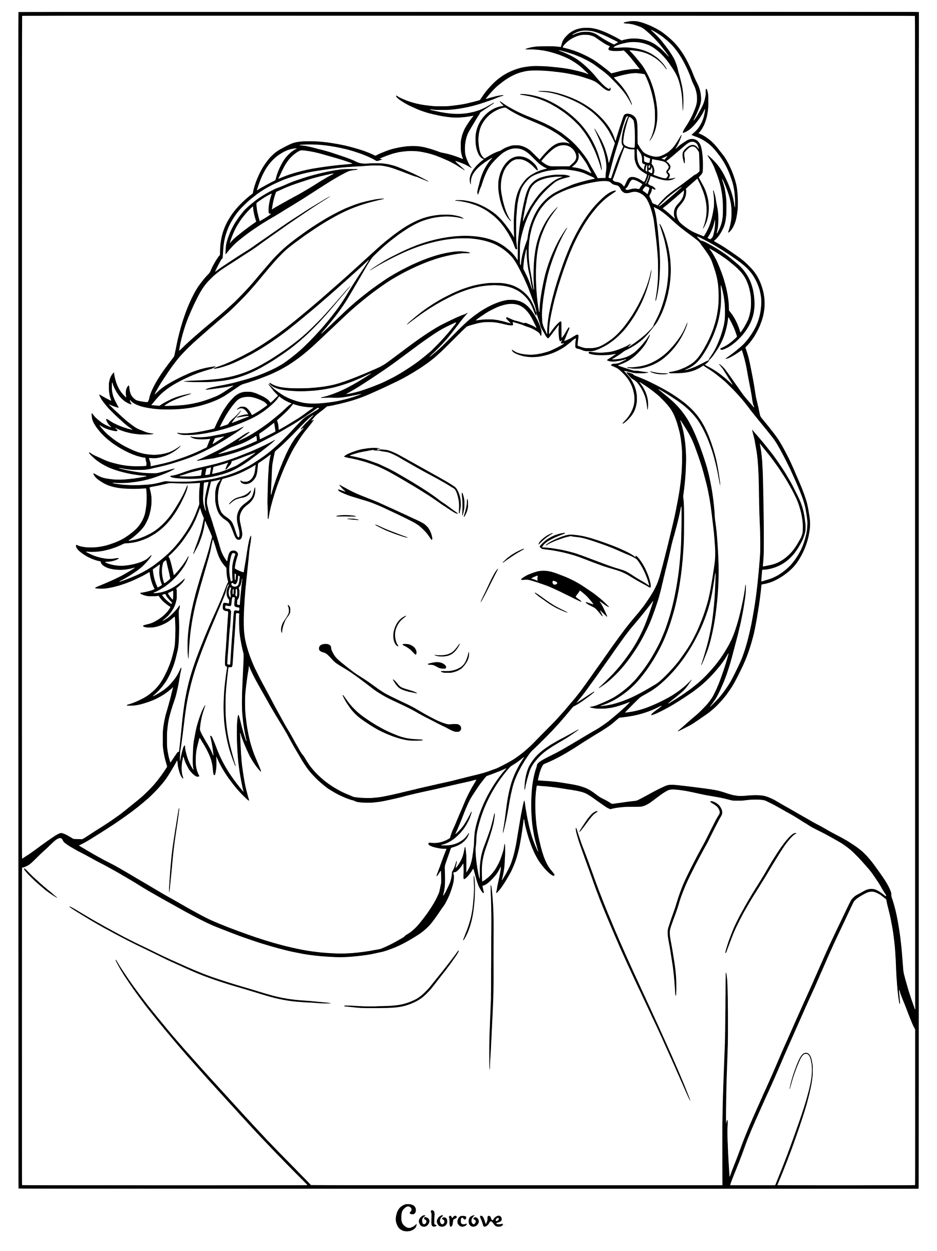 Página para colorear e imprimir de Hyunjin de Stray Kids guiñando un ojo y luciendo un semirecogido con moño.
