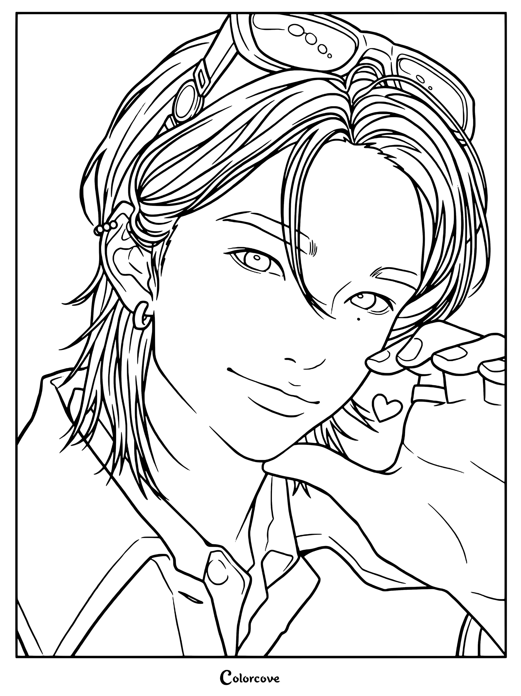 Página para colorear del contorno de Hyunjin de Stray Kids usando gafas de protección y una pequeña pegatina de corazón en la mejilla.