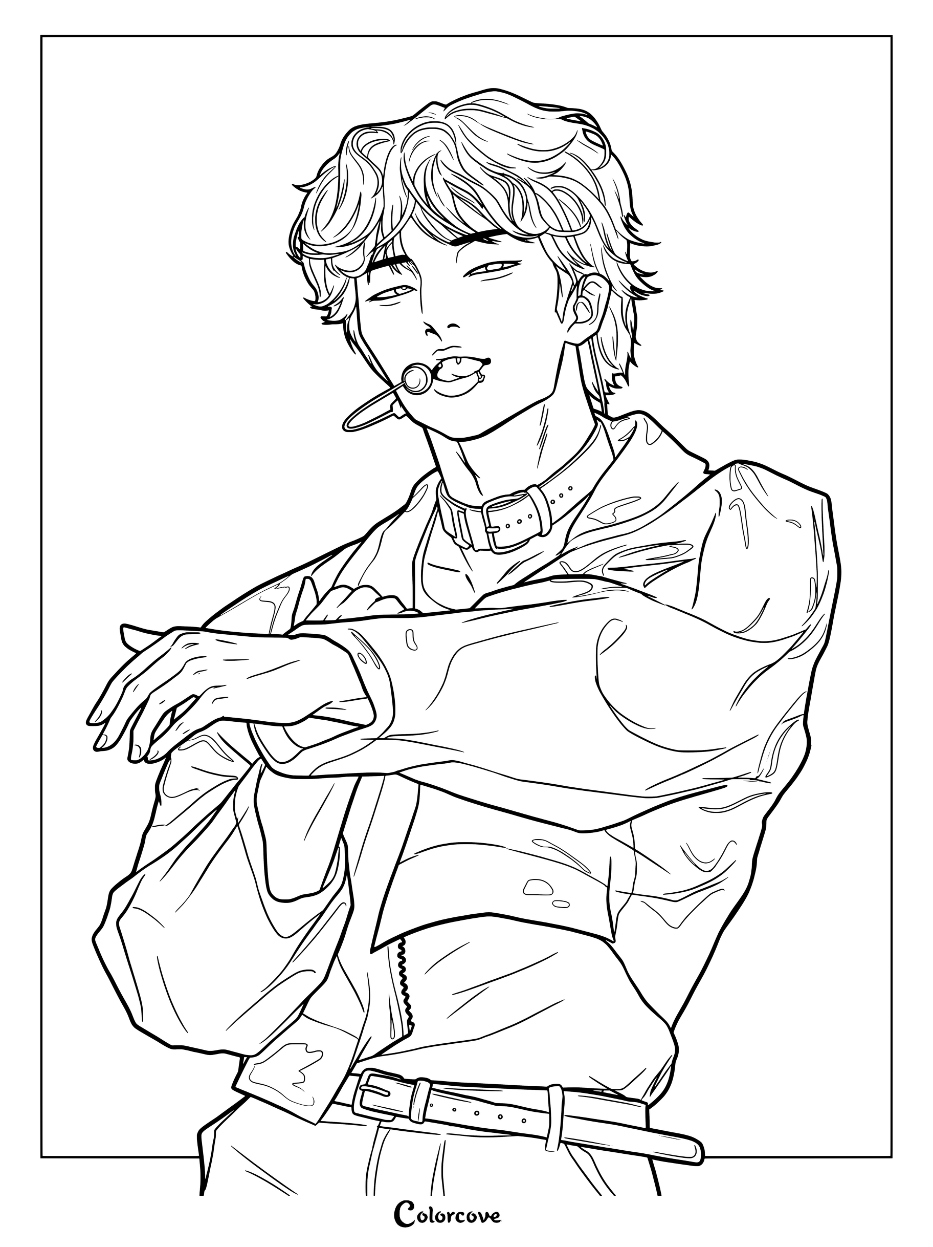 Jeongin de Stray Kids sosteniendo una piruleta en una elegante página para colorear.
