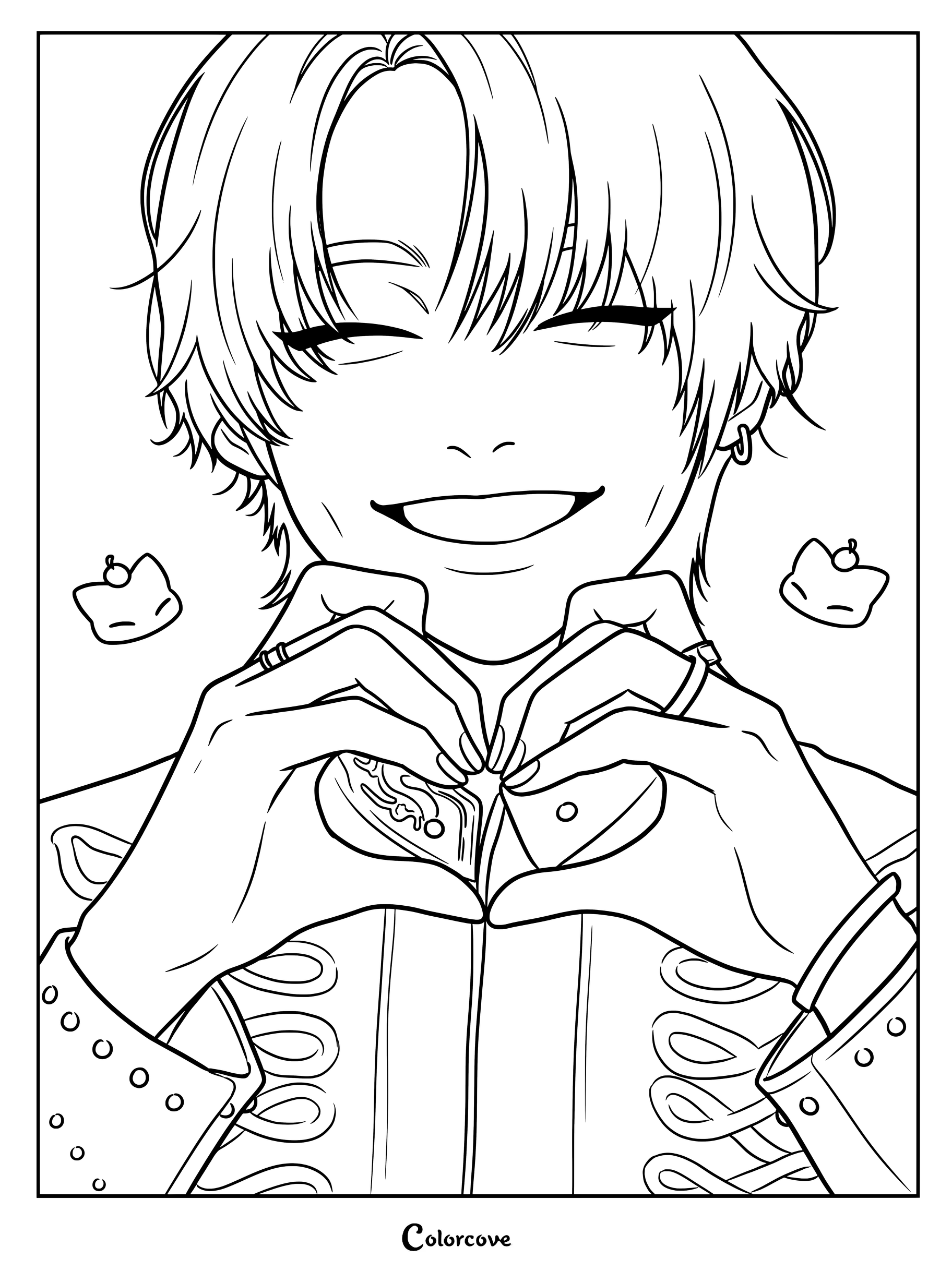 Página para colorear e imprimir de Jeongin de Stray Kids haciendo un corazón con los dedos con iconos flotantes de gatos.