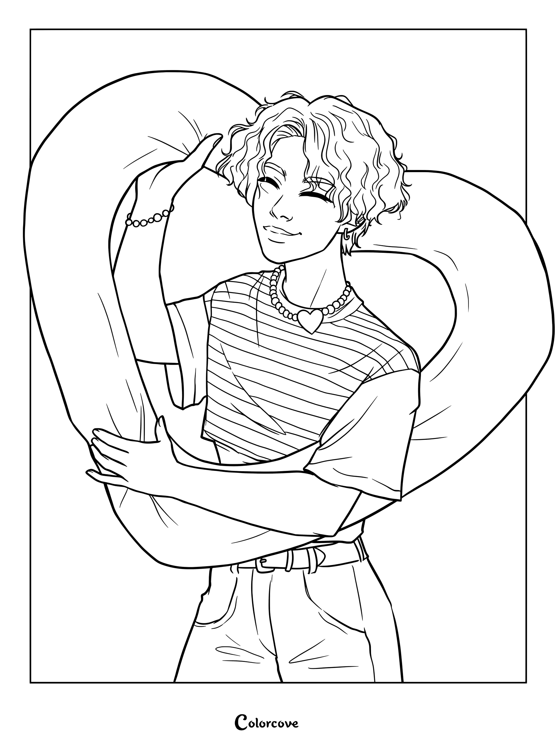 Página para colorear e imprimir de Jeongin de Stray Kids con cabello rizado y un gran corazón de atrezzo.
