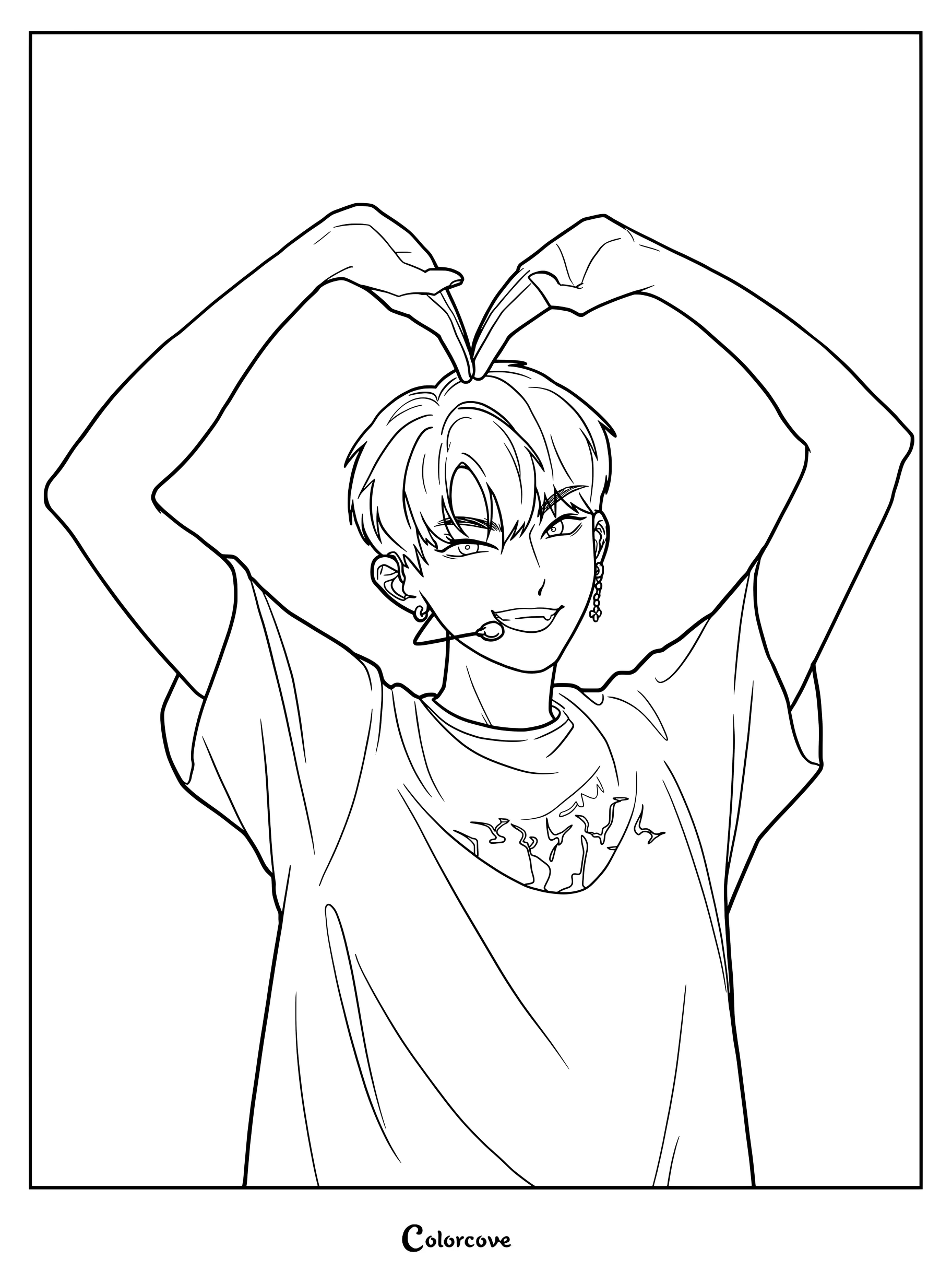 Kim Woojin de Stray Kids haciendo un corazón sobre la cabeza en una página gratis para colorear.