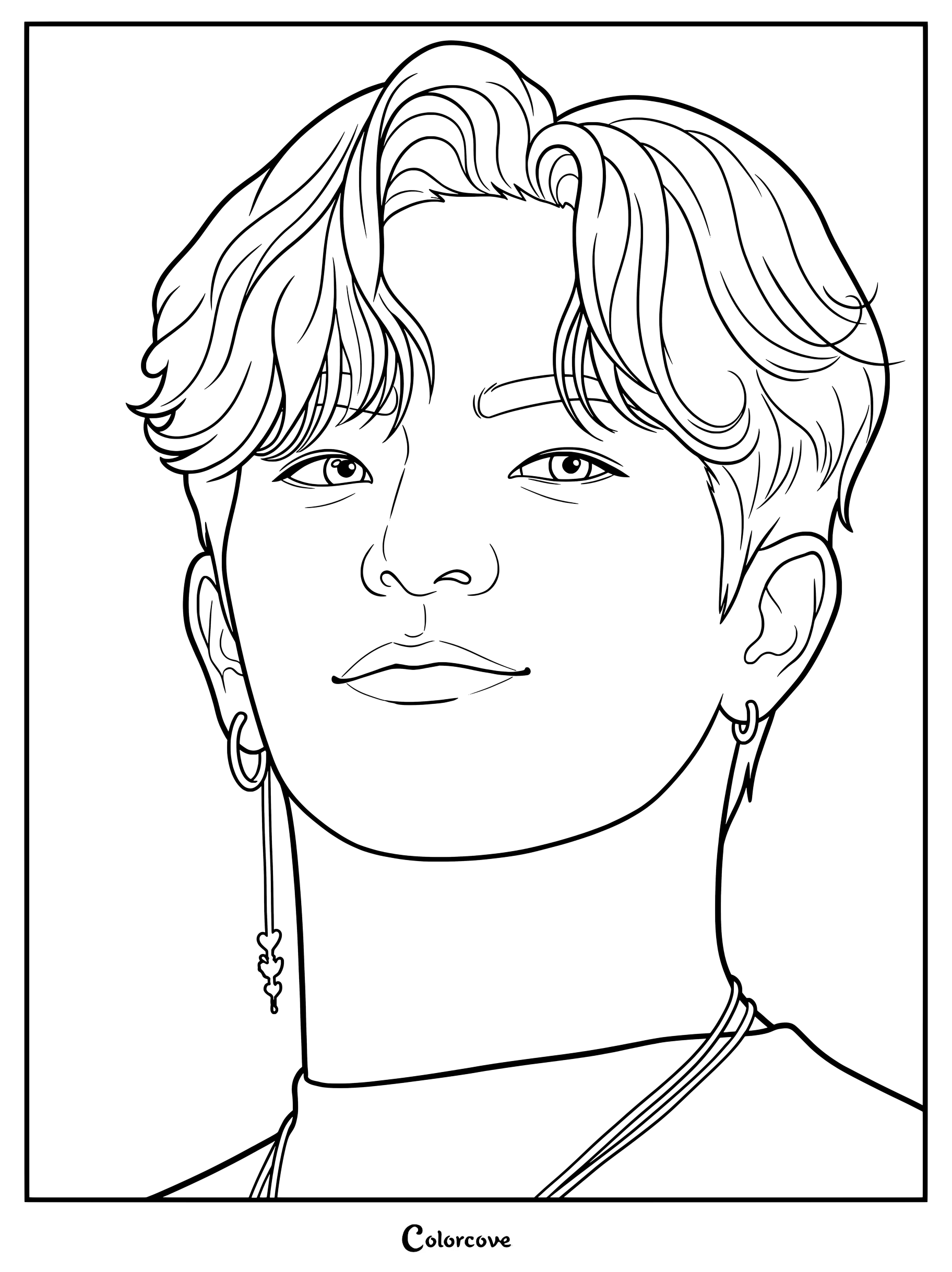Página para colorear de Kim Woojin con el integrante de Stray Kids con un elegante cabello ondulado y pendientes largos.