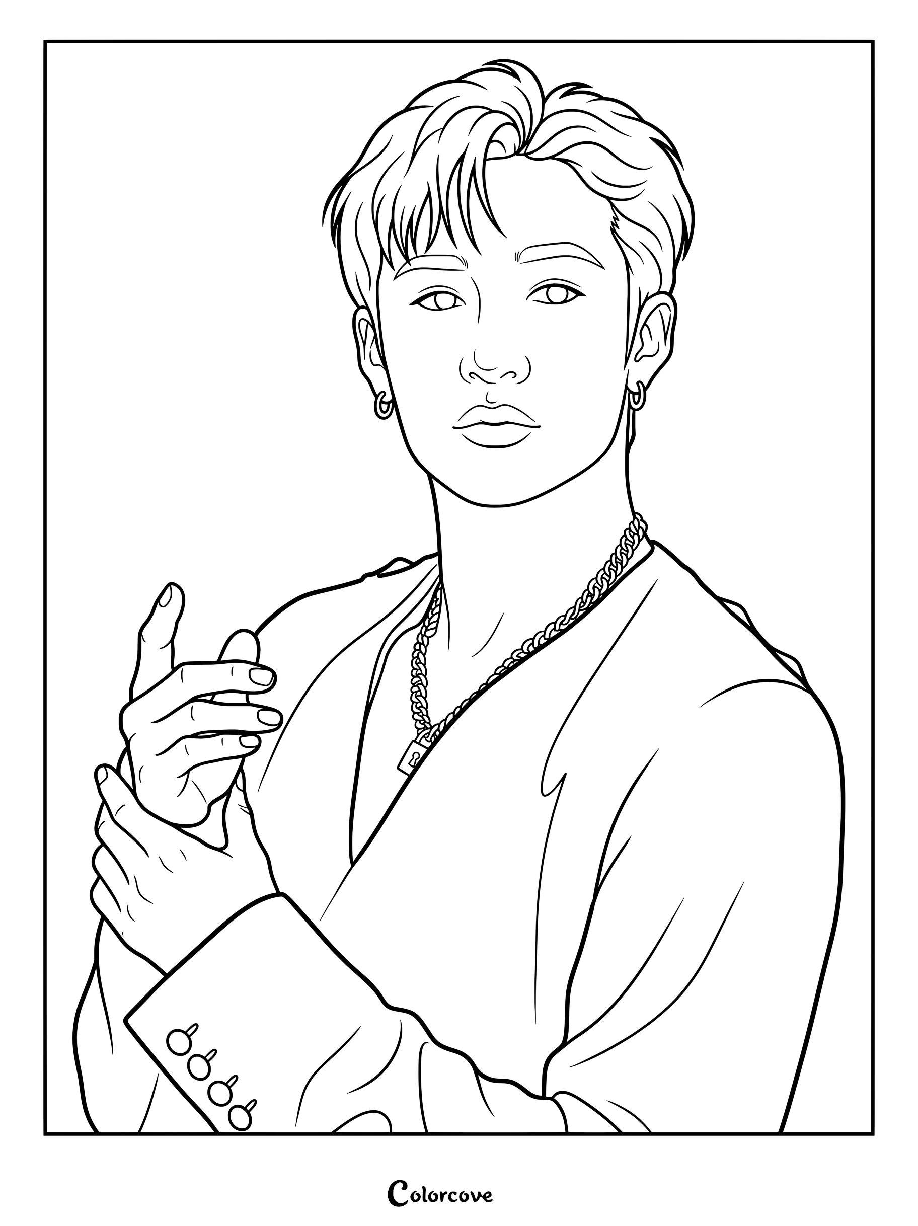 Página para colorear de Bang Chan de Stray Kids llevando un collar de cadena.