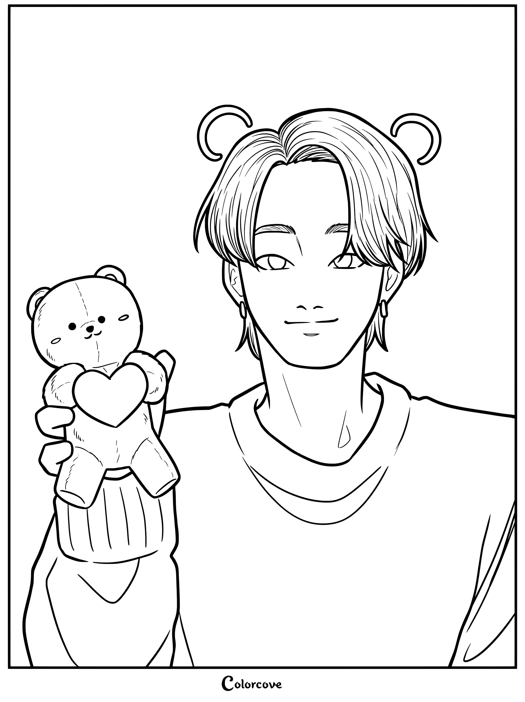 Kim Woojin de Stray Kids sosteniendo un lindo osito de peluche en una página para colorear e imprimir gratis.