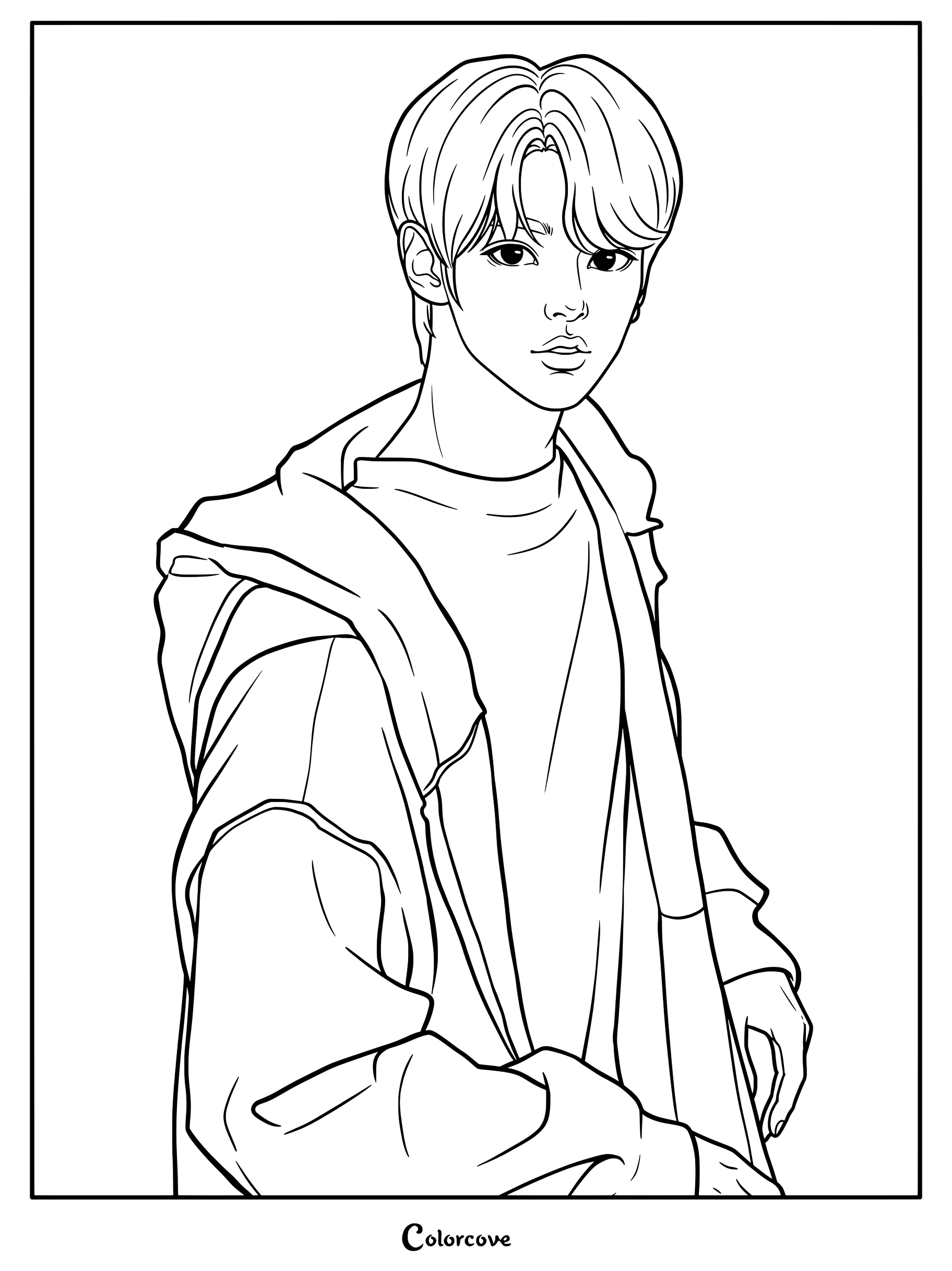 Lee Know de Stray Kids usando una sudadera con capucha casual en esta página para colorear e imprimir.