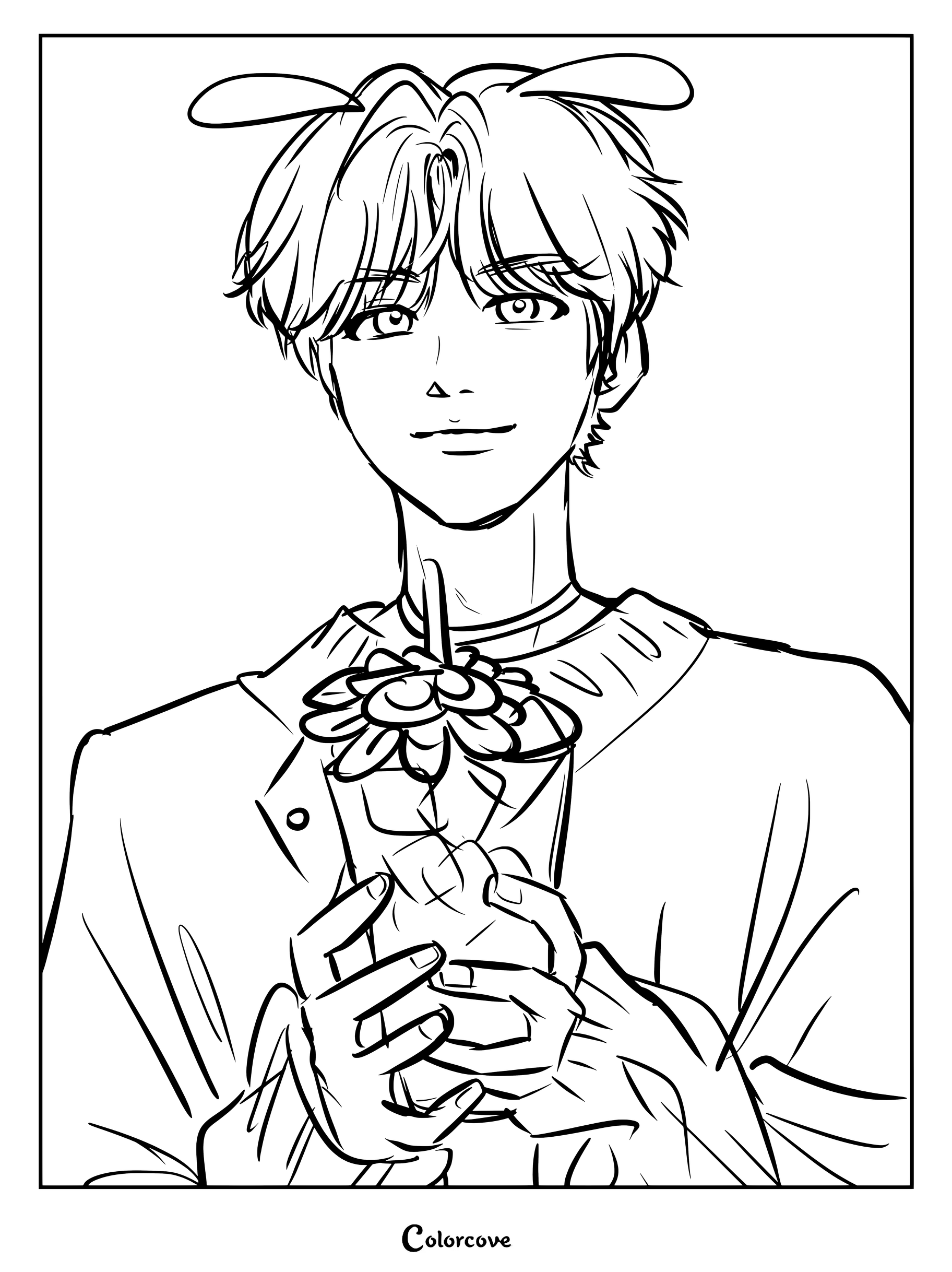 Página para colorear e imprimir de Seungmin de Stray Kids sosteniendo una bebida decorada con una flor.