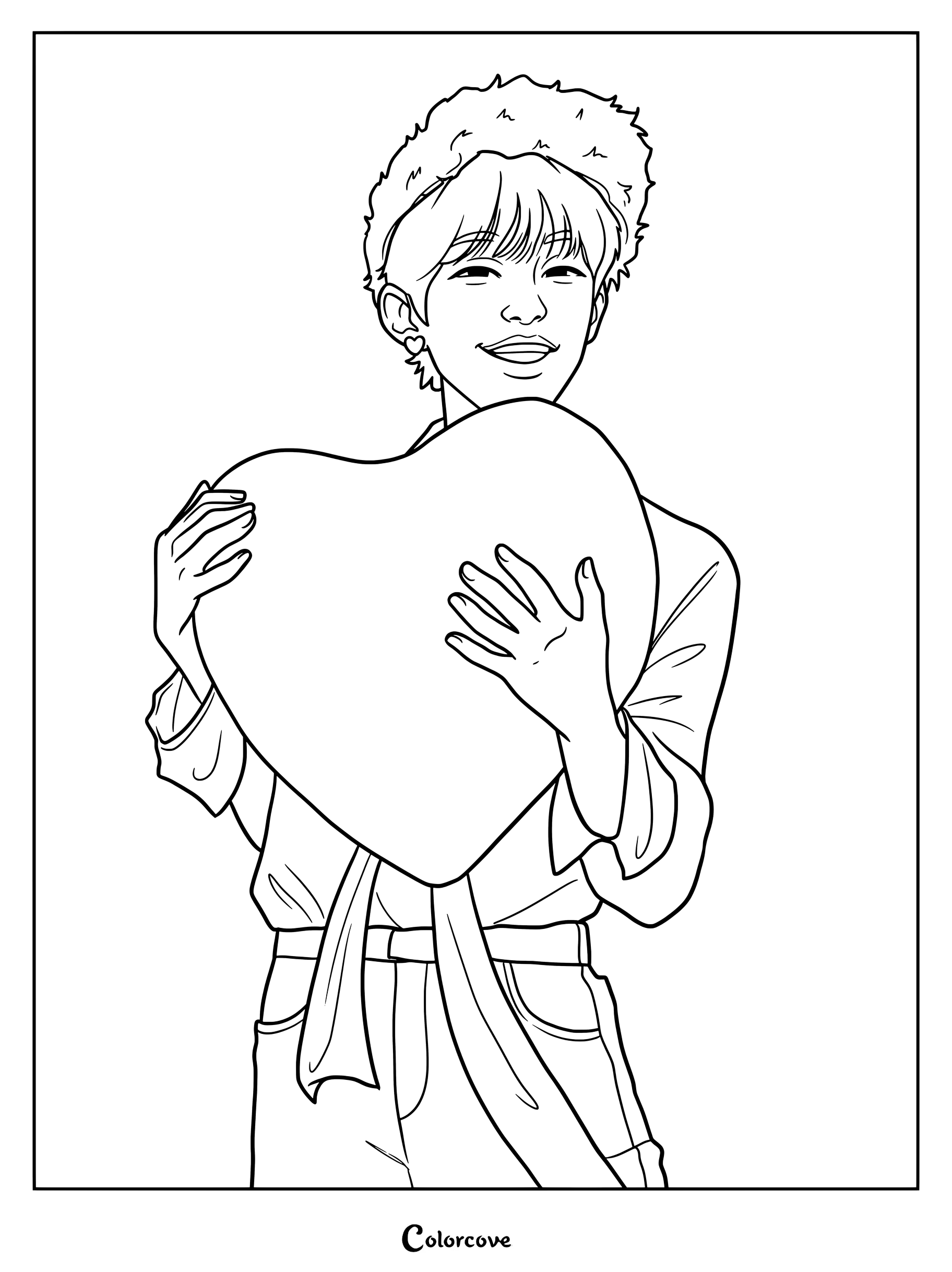 Página para colorear e imprimir de Seungmin de Stray Kids sosteniendo un gran corazón.