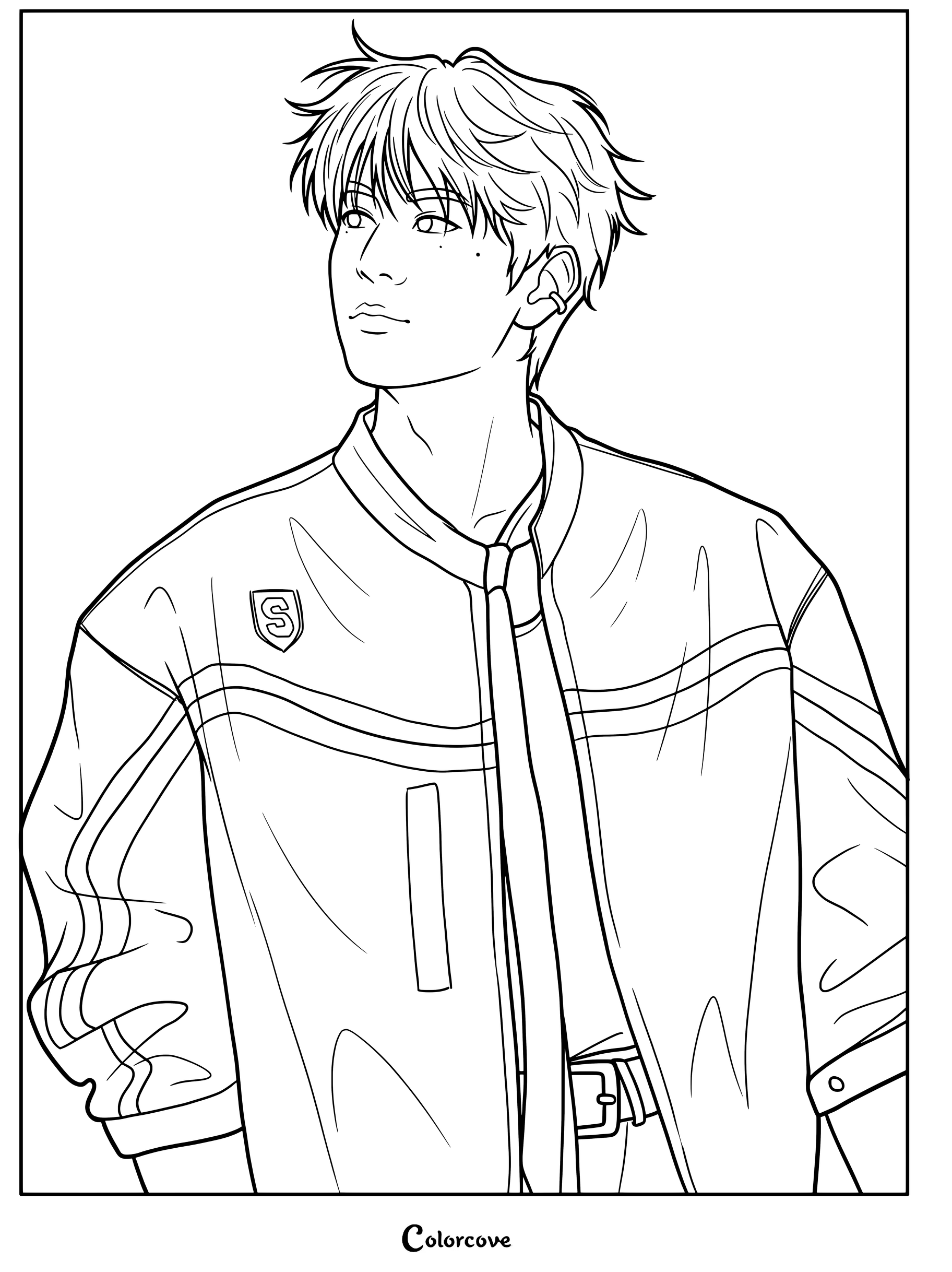 Seungmin de Stray Kids luciendo una elegante chaqueta bomber en esta página para colorear e imprimir.