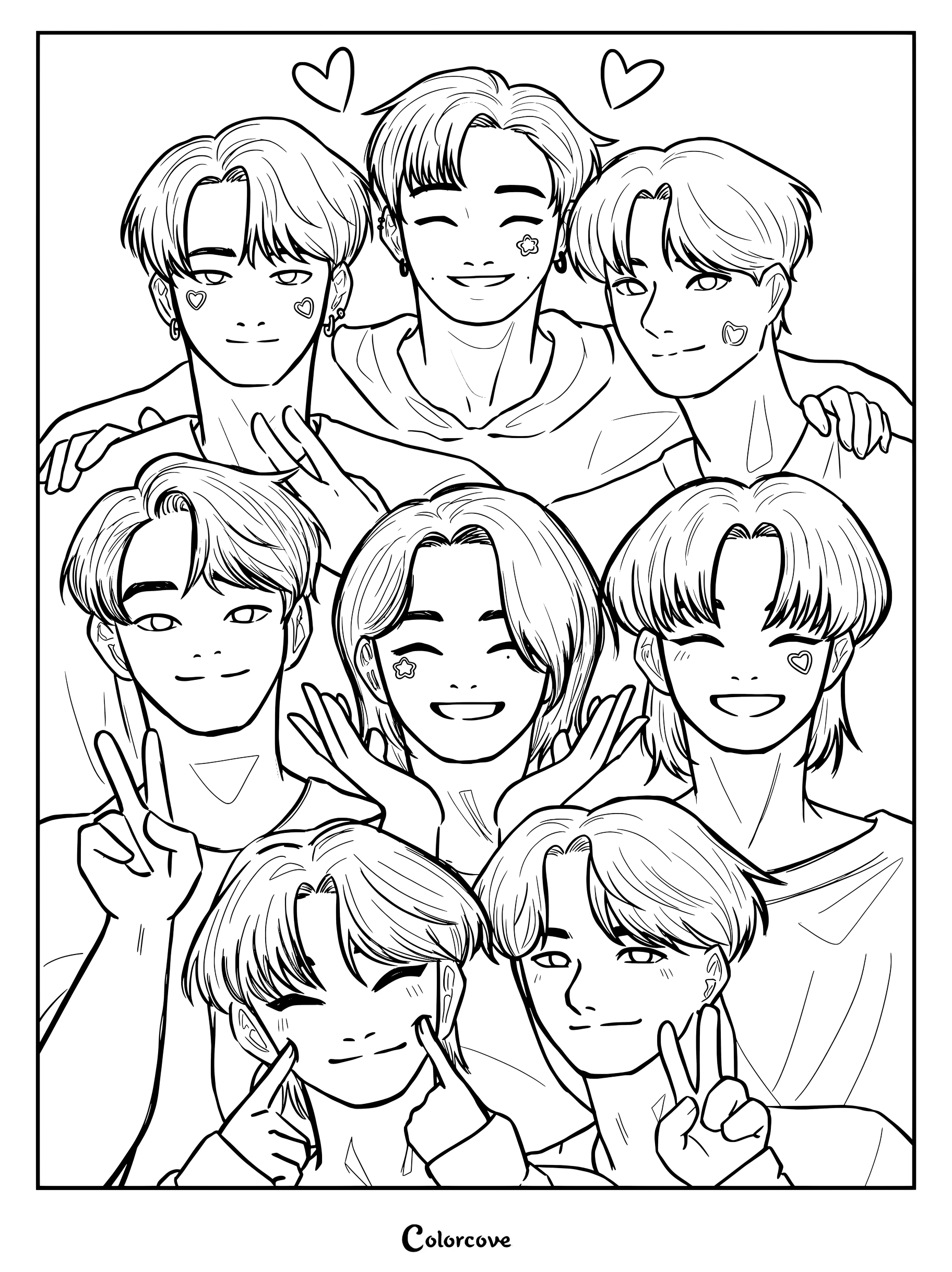 Página para colorear con un lindo dibujo de fan art de los ocho integrantes del grupo de K-pop Stray Kids.
