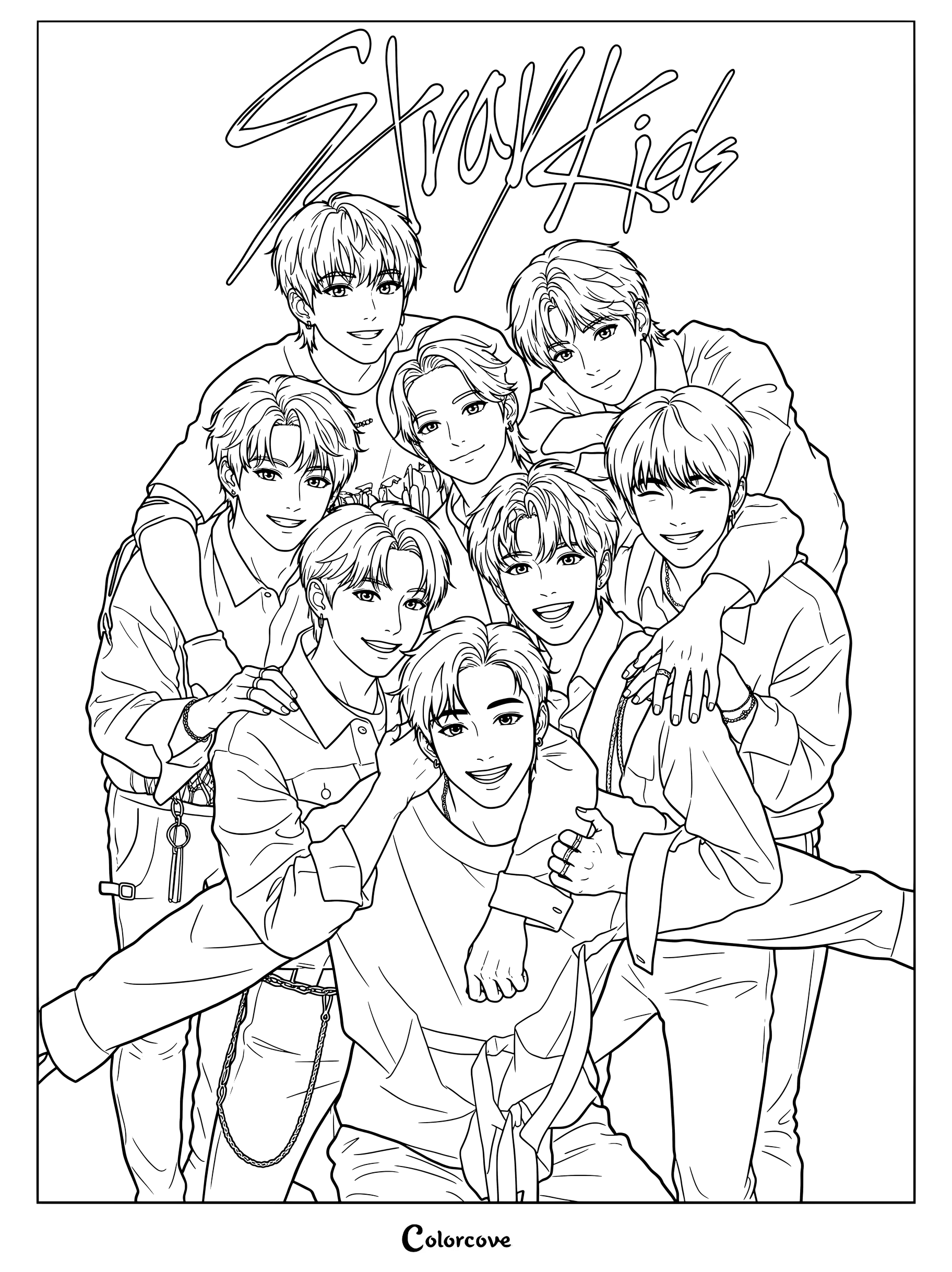 Página para colorear con ilustración digital de los ocho integrantes del grupo de K-pop Stray Kids posando juntos bajo el logotipo oficial del grupo.