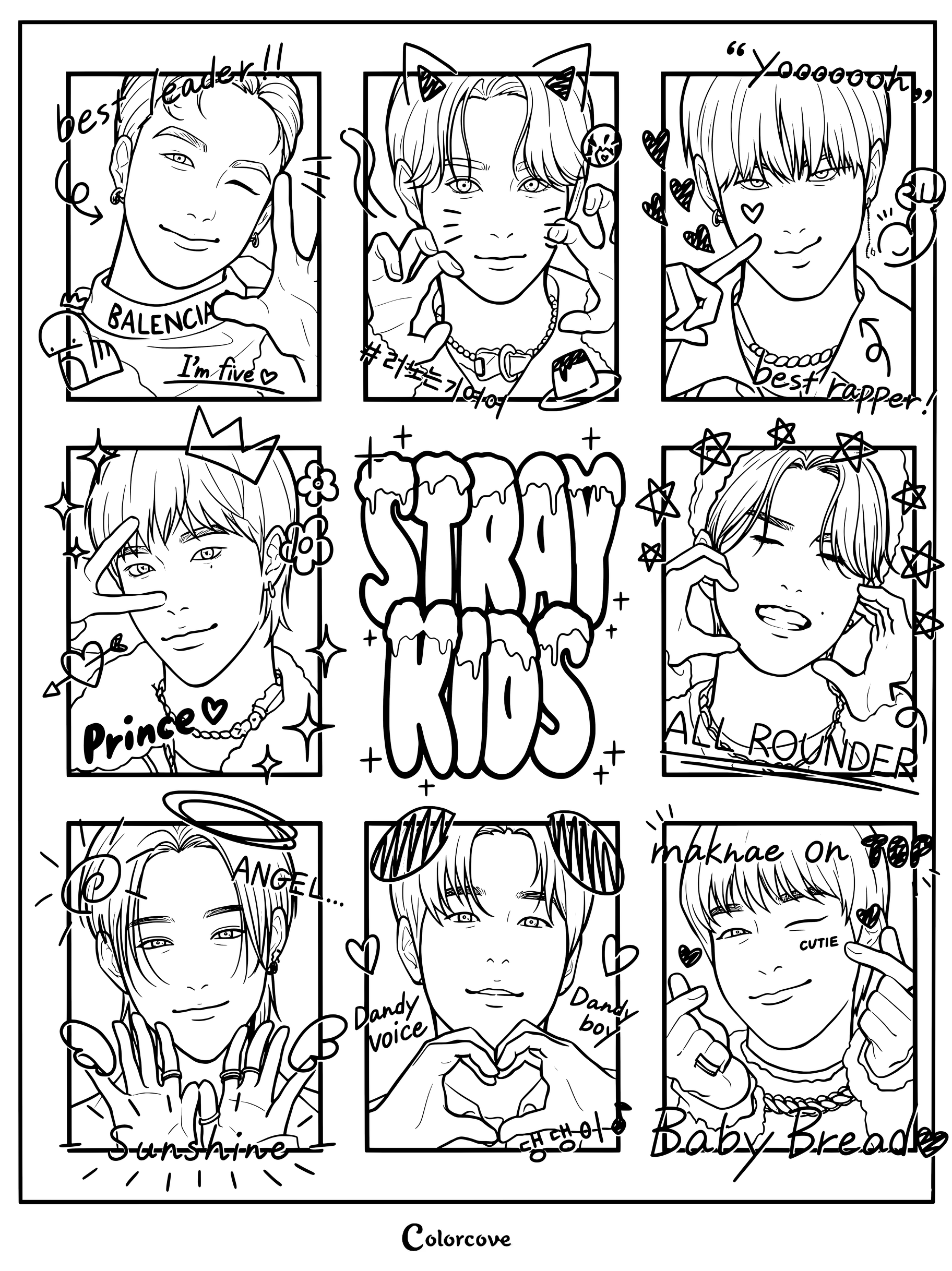 Página para colorear tipo plantilla de pegatinas de fan art con los ocho integrantes del grupo de K-pop Stray Kids.