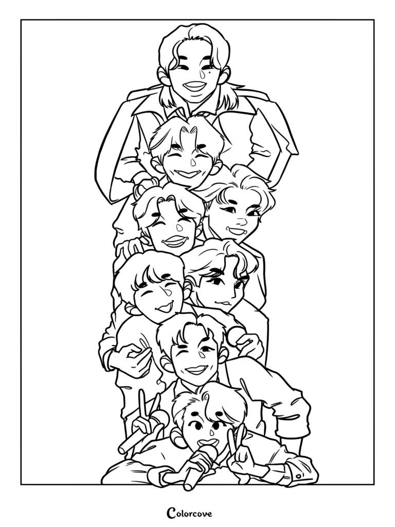 Coloriage d'une illustration fan art adorable des huit membres du groupe de K-pop Stray Kids empilés, souriants et posant avec des micros.