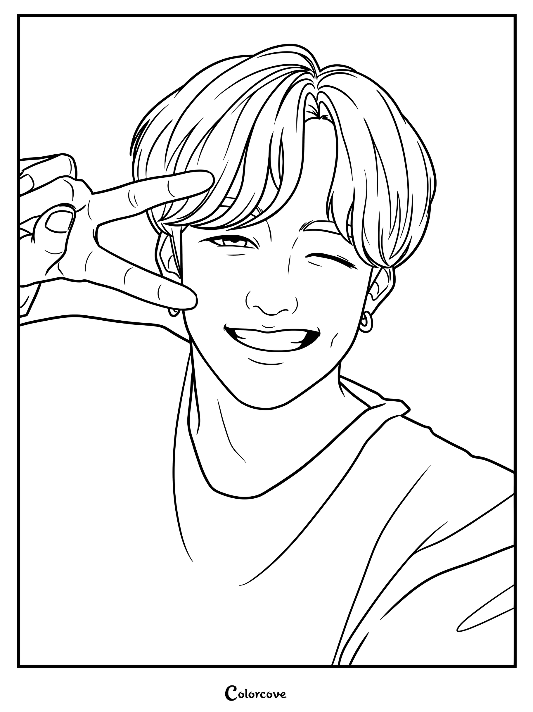 Bang Chan de Stray Kids sonriendo de forma brillante mientras guiña un ojo y hace la señal de la paz en esta página para colorear e imprimir.