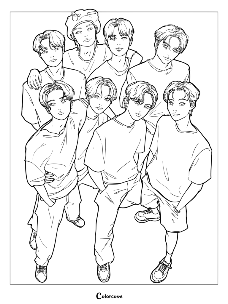 Coloriage de Stray Kids en style streetwear proposant un fan art illustré des membres.