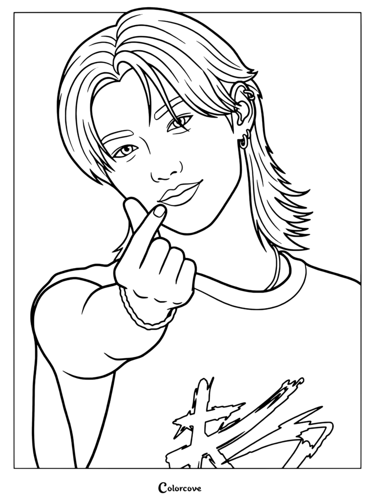 Felix faisant un cœur avec les doigts sur ce coloriage à imprimer de Stray Kids.