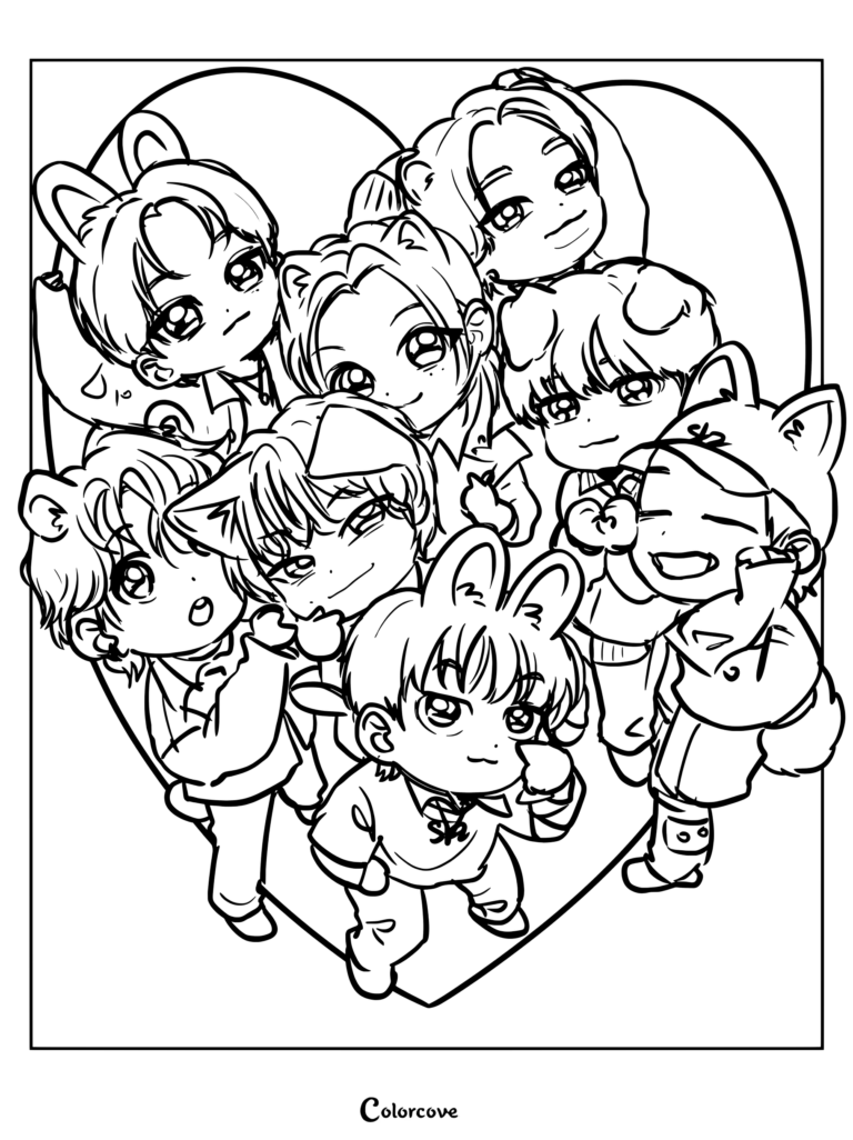 Coloriage d'une illustration mignon fan art chibi des huit membres de Stray Kids représentés avec leurs mascottes animales officielles SKZOO.