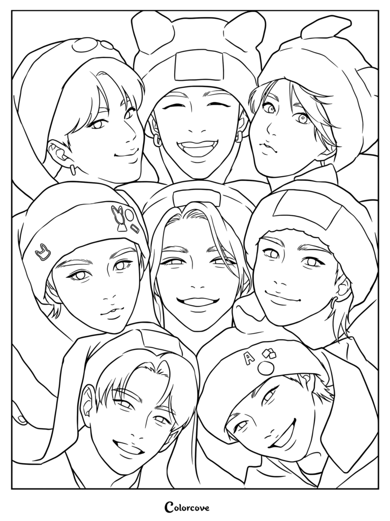 Coloriage fan art de Stray Kids portant des bonnets et des chapeaux colorés.