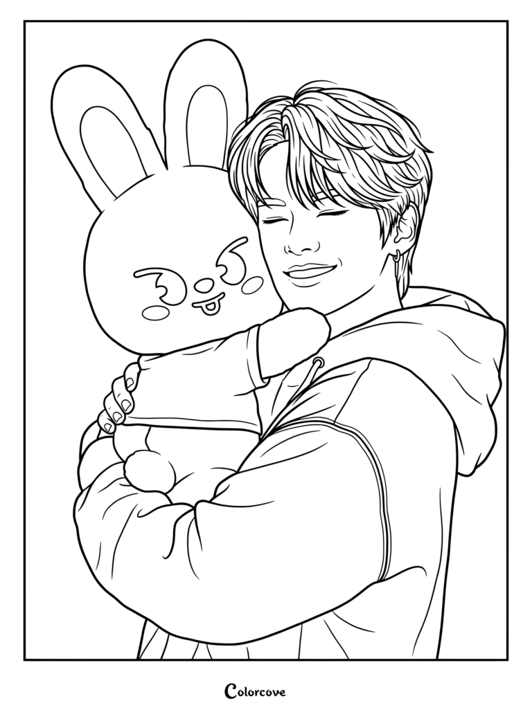 Lee Know de Stray Kids tenant sa peluche officielle SKZOO, Leebit, sur ce coloriage à imprimer.
