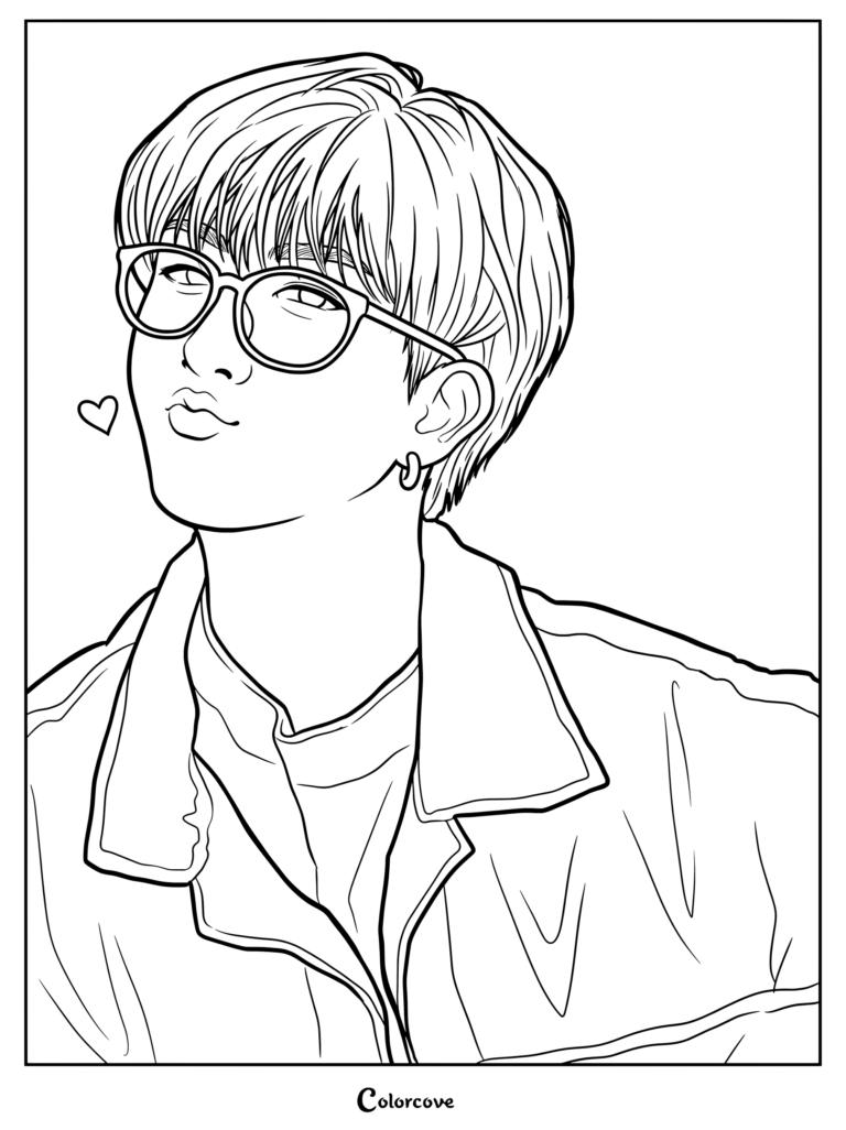 Changbin de Stray Kids portant des lunettes rondes et faisant une moue à côté d'un petit cœur, coloriage à imprimer.