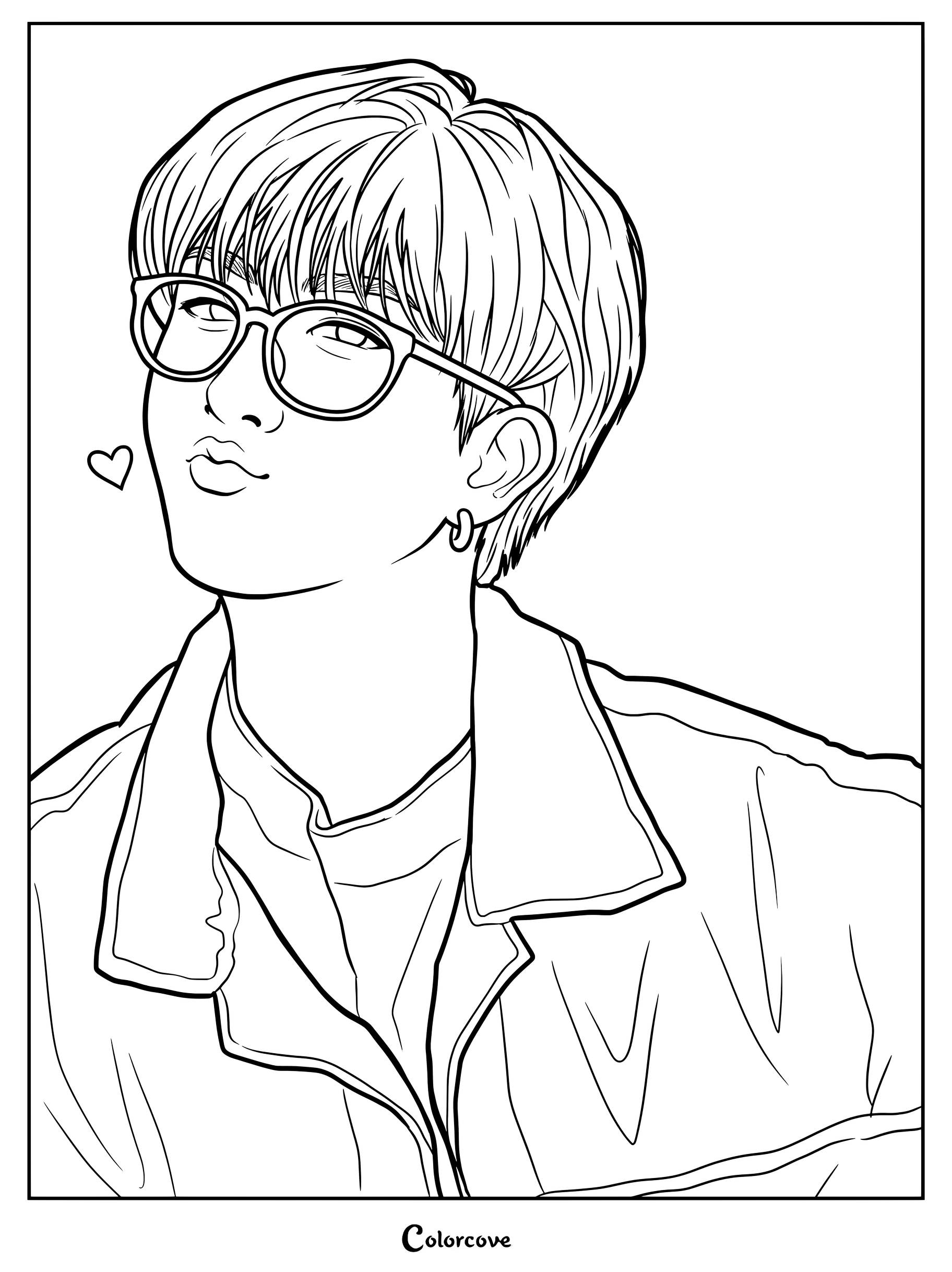 Página para colorear e imprimir de Changbin de Stray Kids llevando gafas redondas y poniendo morritos junto a un pequeño corazón.